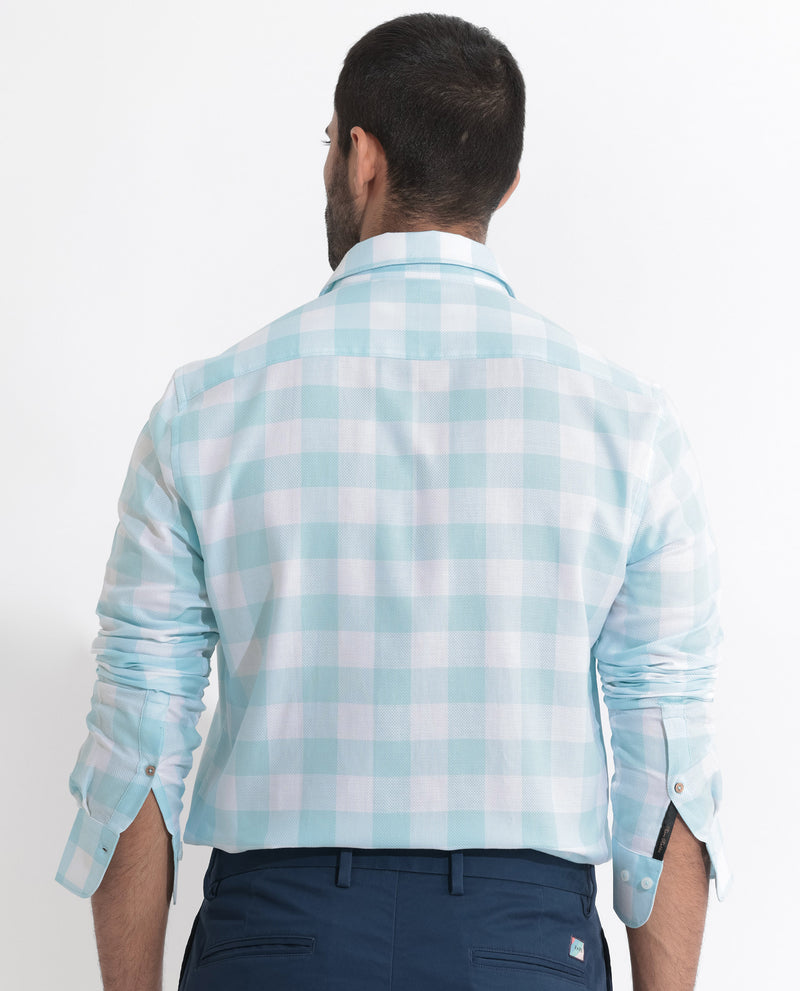 Rare Rabbit Men's Munich Blue Cotton Fabric Full Sleeves Checks Shirt