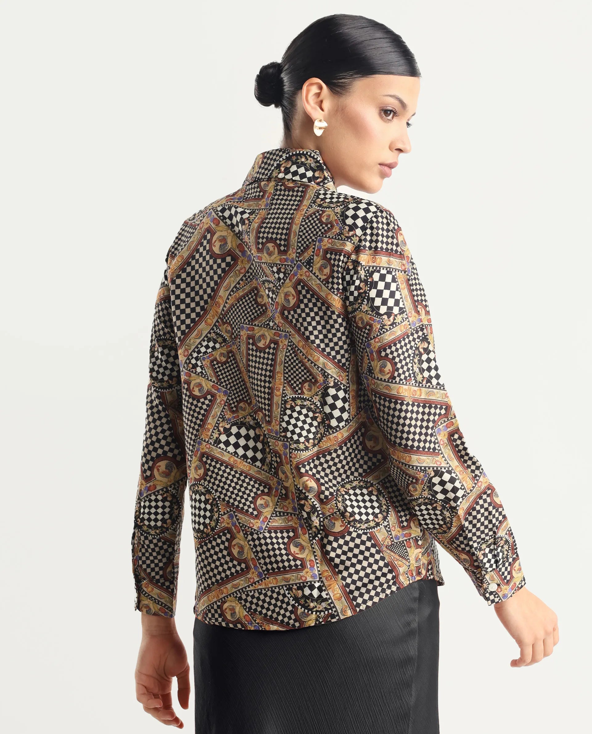 Rareism Women's Musery Multi Cotton Spread Collar Geometric Print Cuffed Sleeve Boxy Fit Top