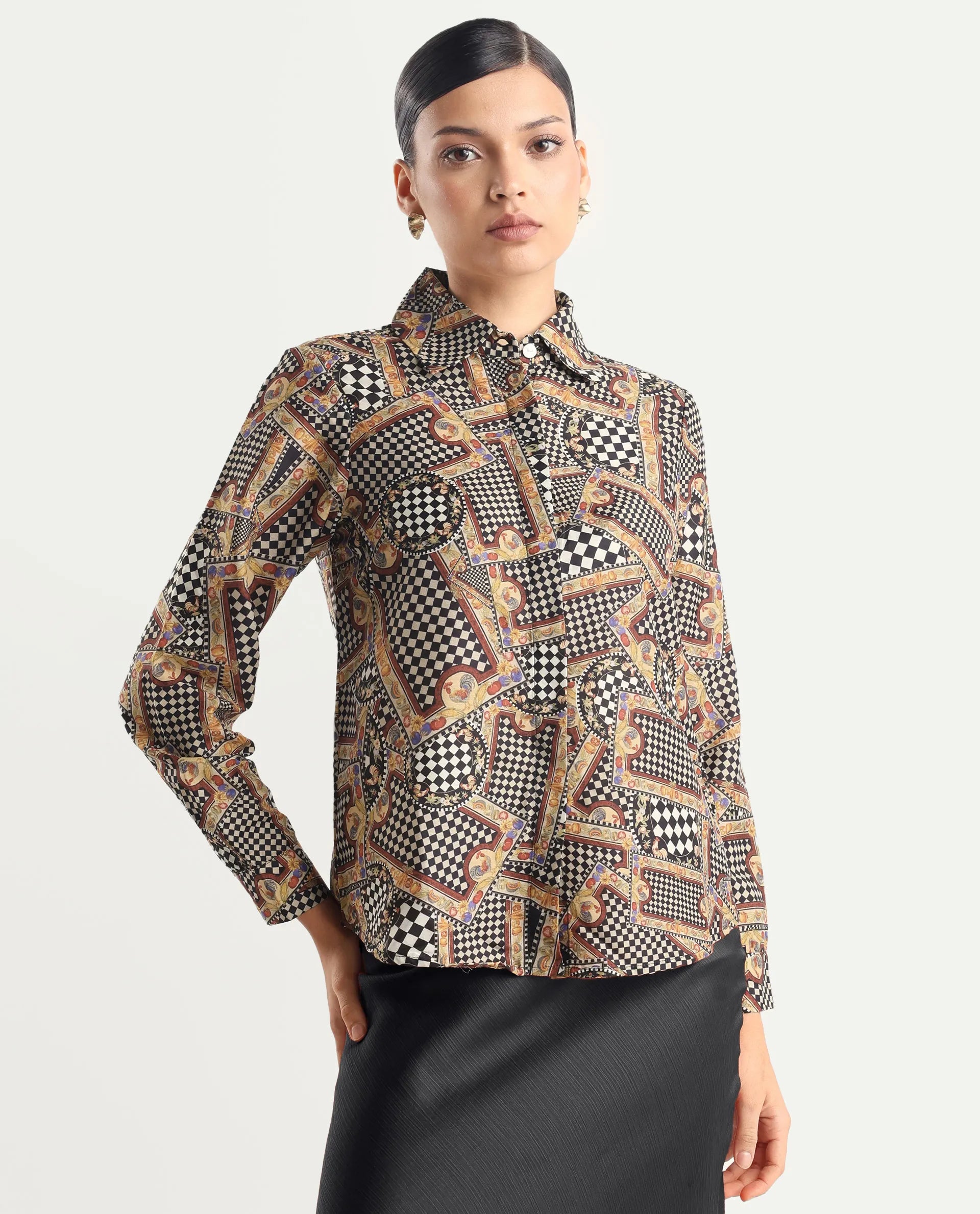 Rareism Women's Musery Multi Cotton Spread Collar Geometric Print Cuffed Sleeve Boxy Fit Top