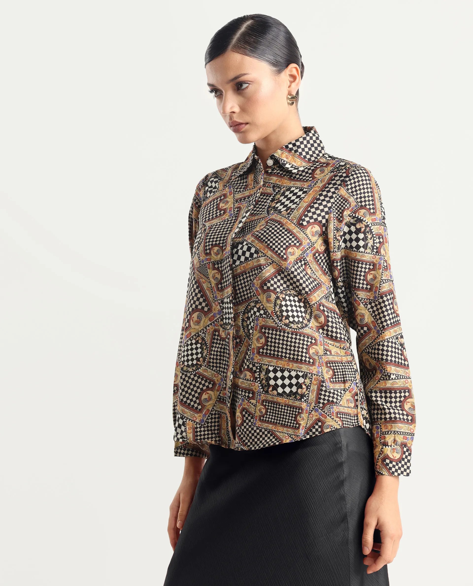 Rareism Women's Musery Multi Cotton Spread Collar Geometric Print Cuffed Sleeve Boxy Fit Top