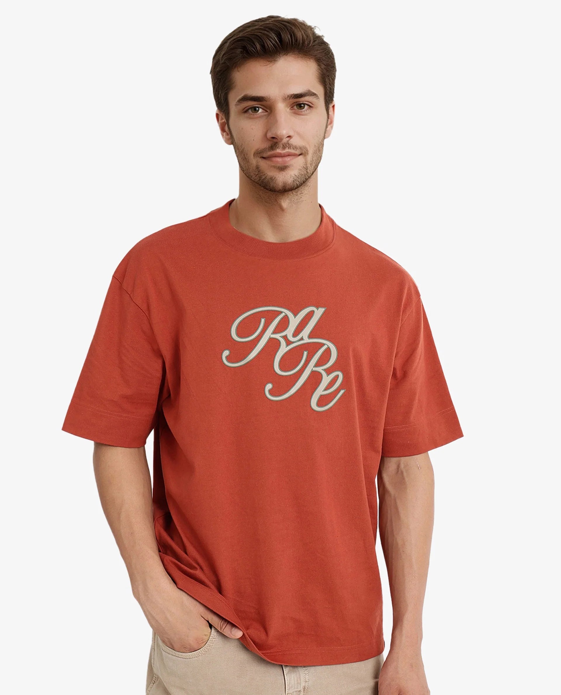 Rare Rabbit Men Muville Rust Short Sleeve Crew Neck Oversized Fit Typo Graphic Print T-Shirt