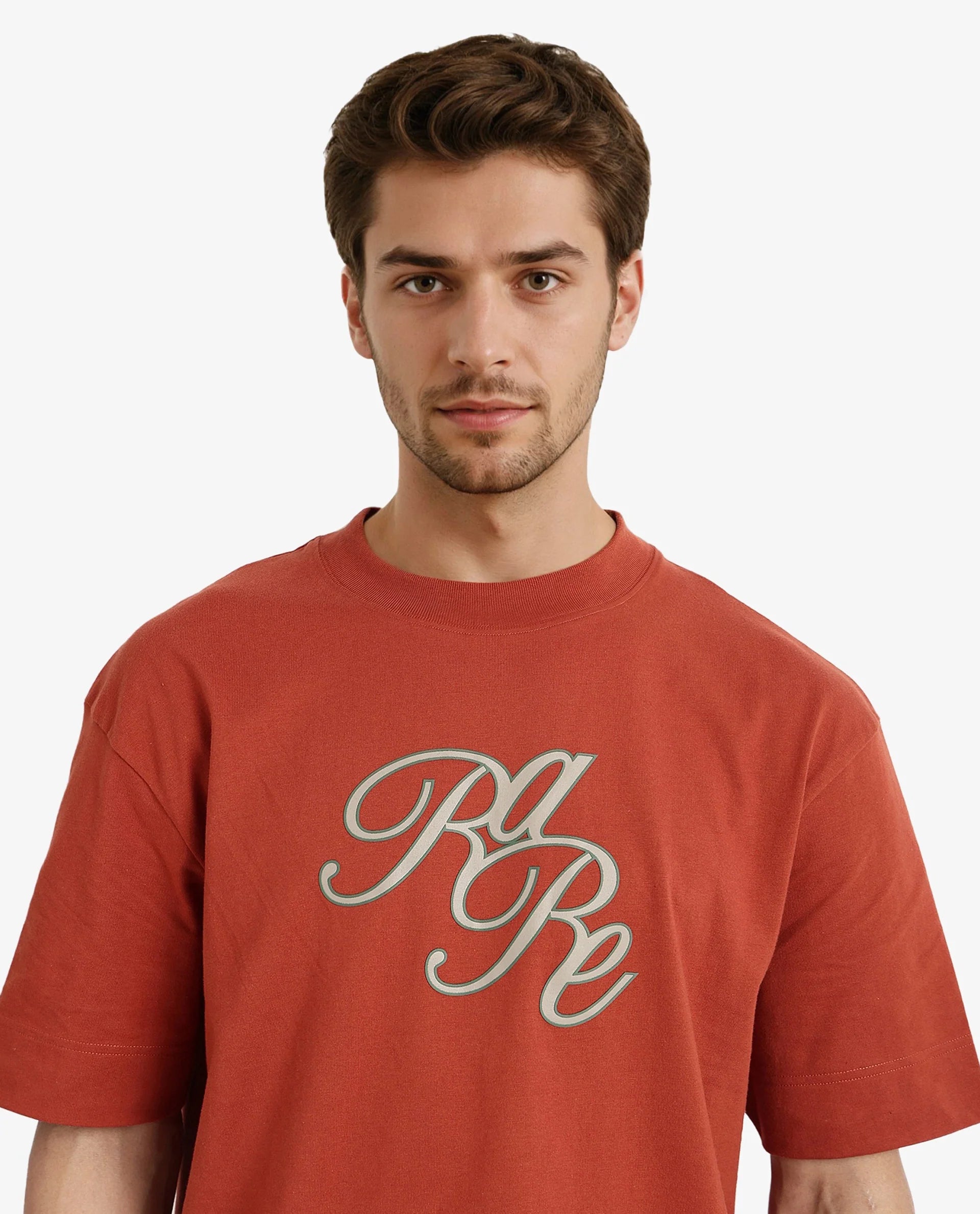 Rare Rabbit Men Muville Rust Short Sleeve Crew Neck Oversized Fit Typo Graphic Print T-Shirt