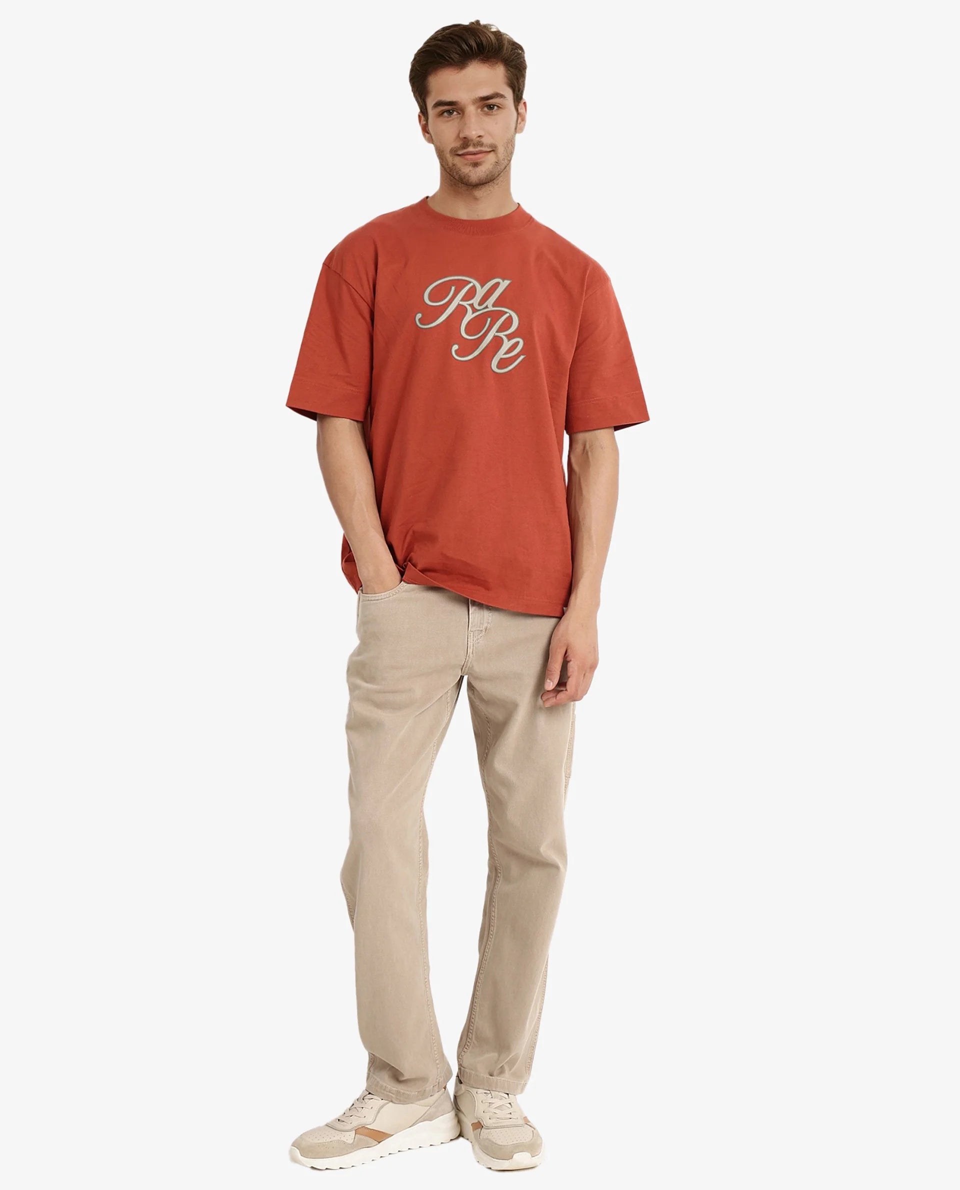 Rare Rabbit Men Muville Rust Short Sleeve Crew Neck Oversized Fit Typo Graphic Print T-Shirt