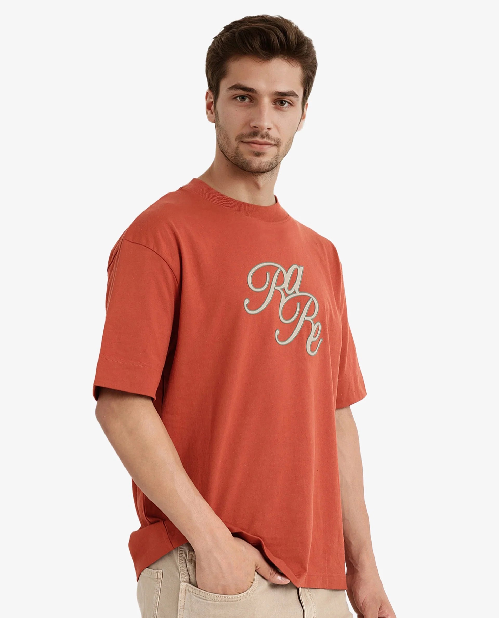 Rare Rabbit Men Muville Rust Short Sleeve Crew Neck Oversized Fit Typo Graphic Print T-Shirt