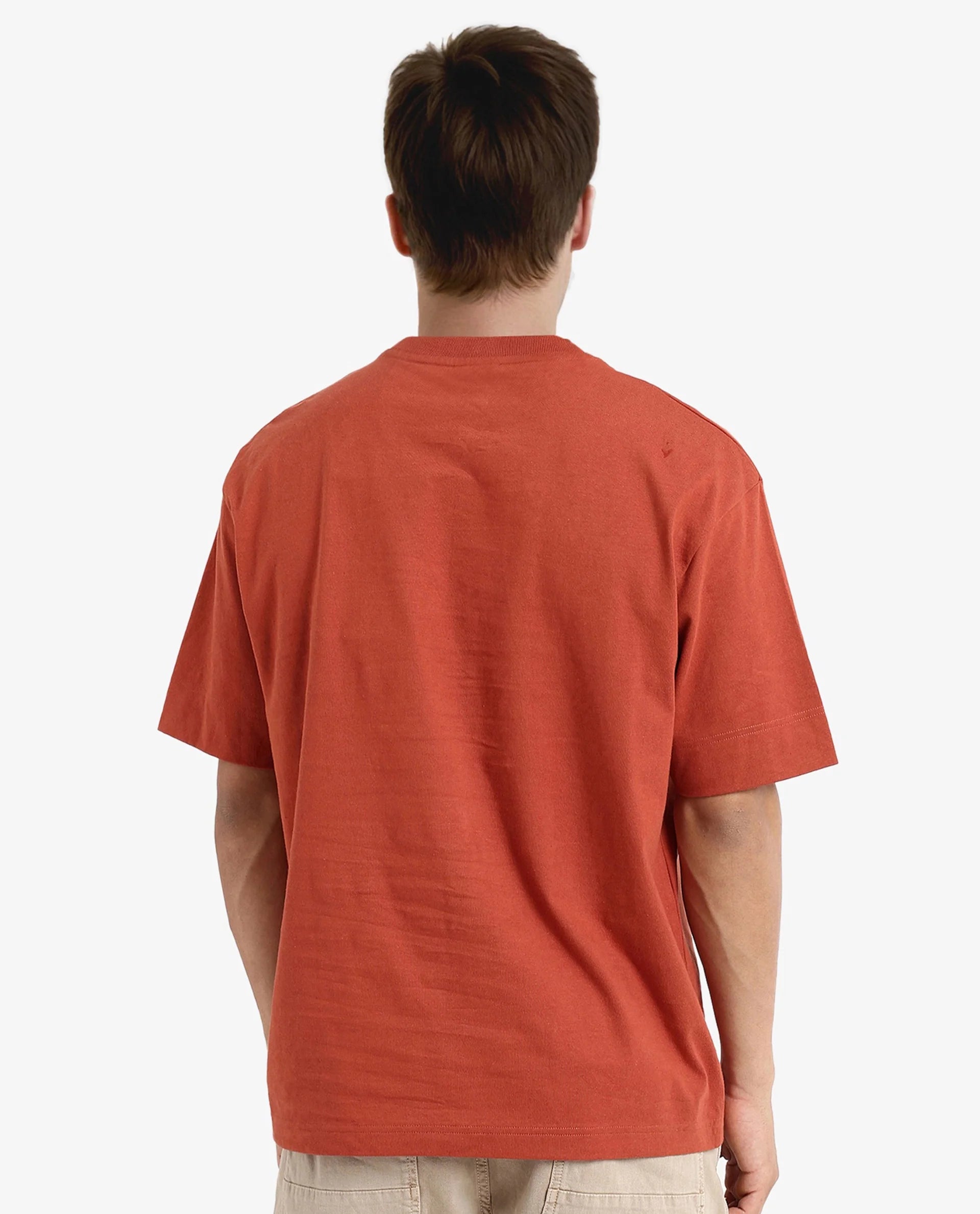 Rare Rabbit Men Muville Rust Short Sleeve Crew Neck Oversized Fit Typo Graphic Print T-Shirt