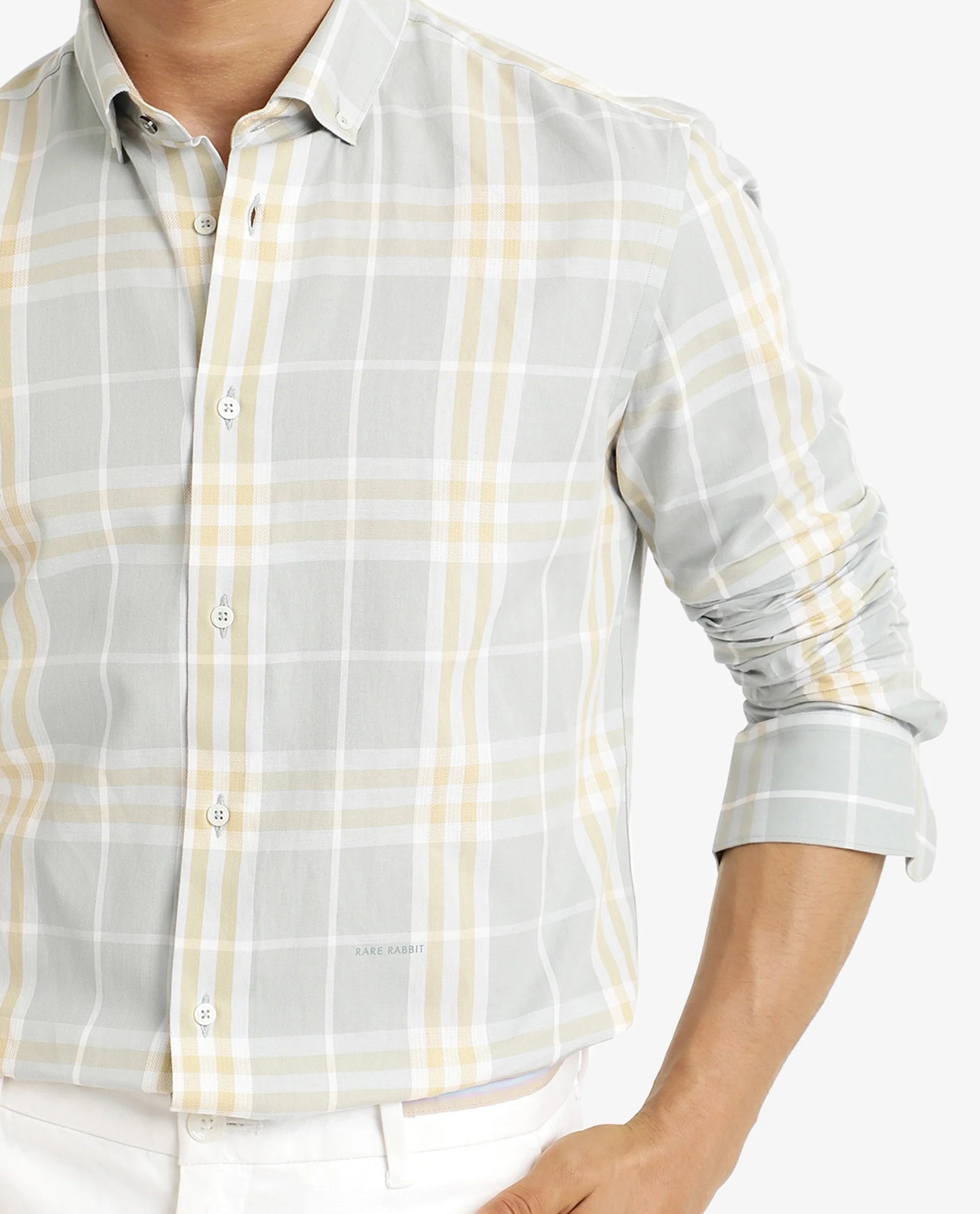 Rare Rabbit Men's Muz Light Grey Cotton Fabric Full Sleeve Collared Regular Fit Checked Shirt