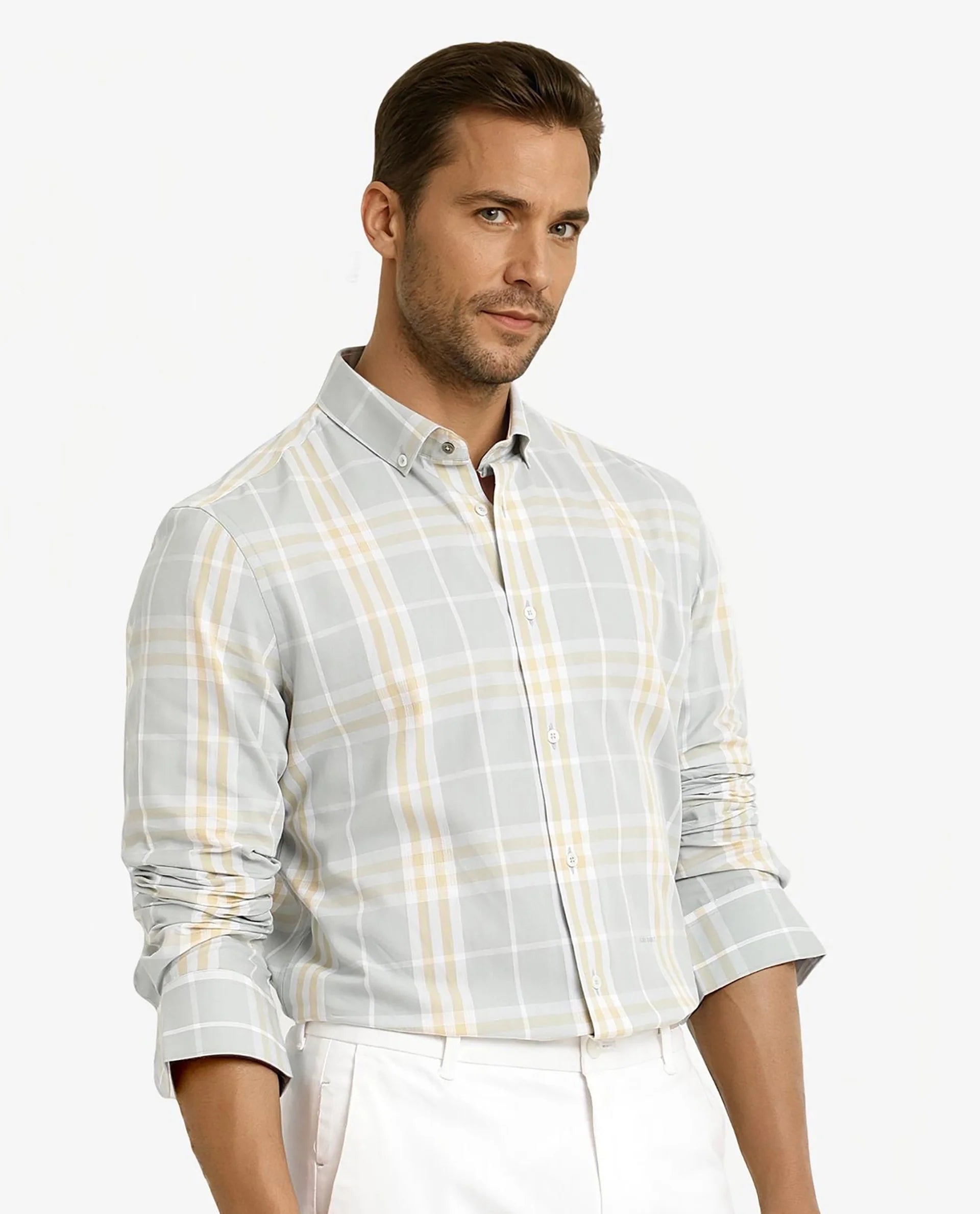 Rare Rabbit Men's Muz Light Grey Cotton Fabric Full Sleeve Collared Regular Fit Checked Shirt