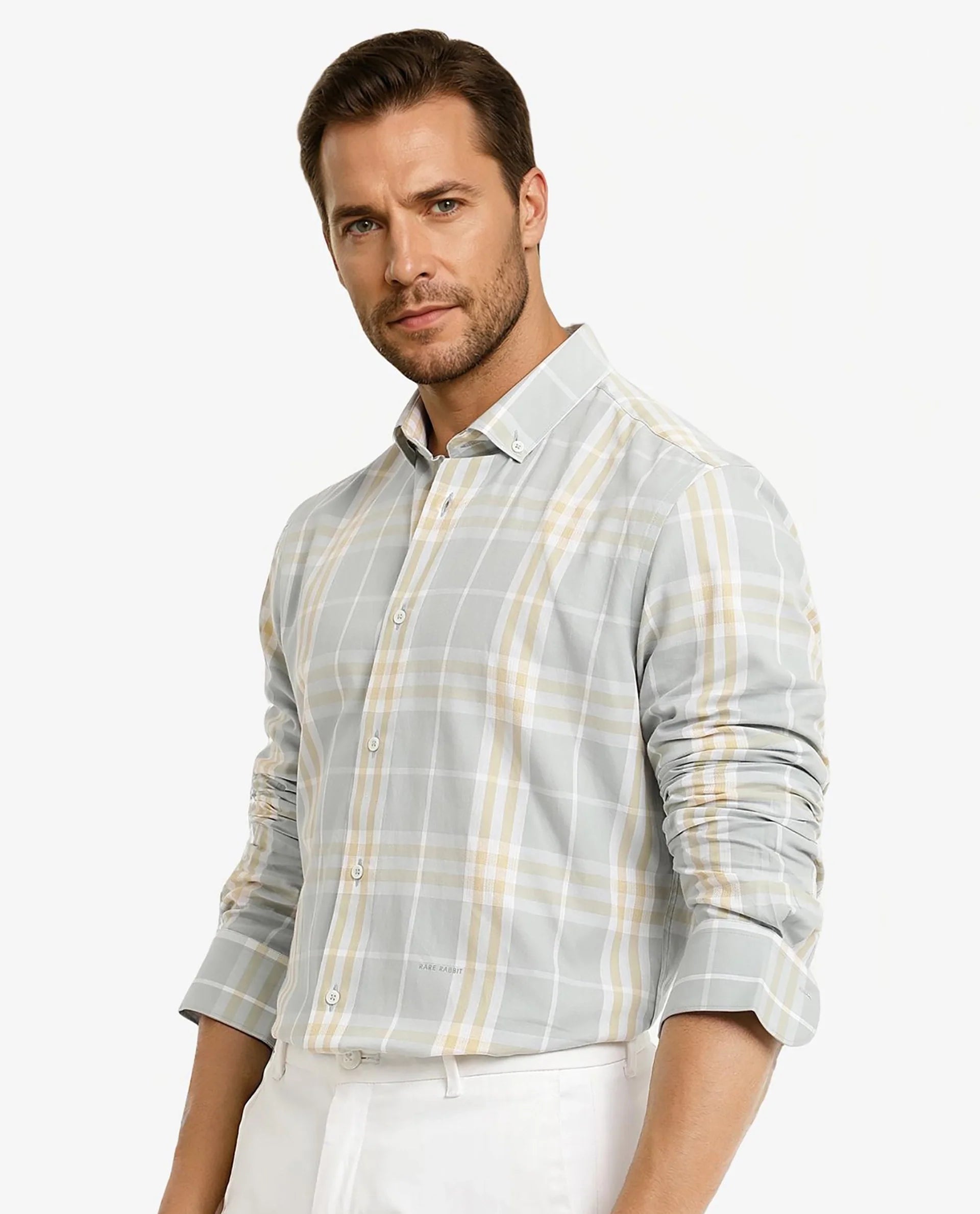 Rare Rabbit Men's Muz Light Grey Cotton Fabric Full Sleeve Collared Regular Fit Checked Shirt