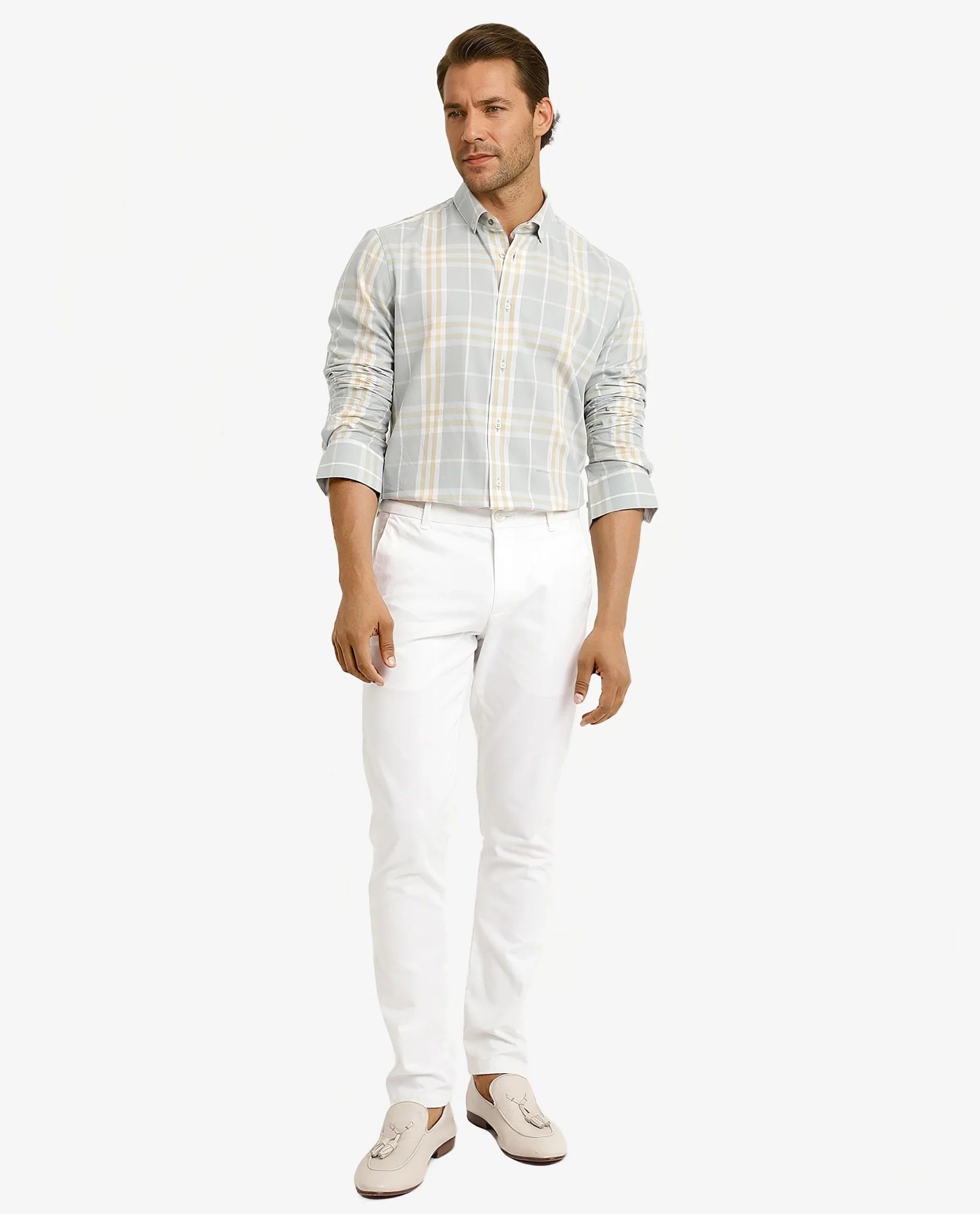 Rare Rabbit Men's Muz Light Grey Cotton Fabric Full Sleeve Collared Regular Fit Checked Shirt