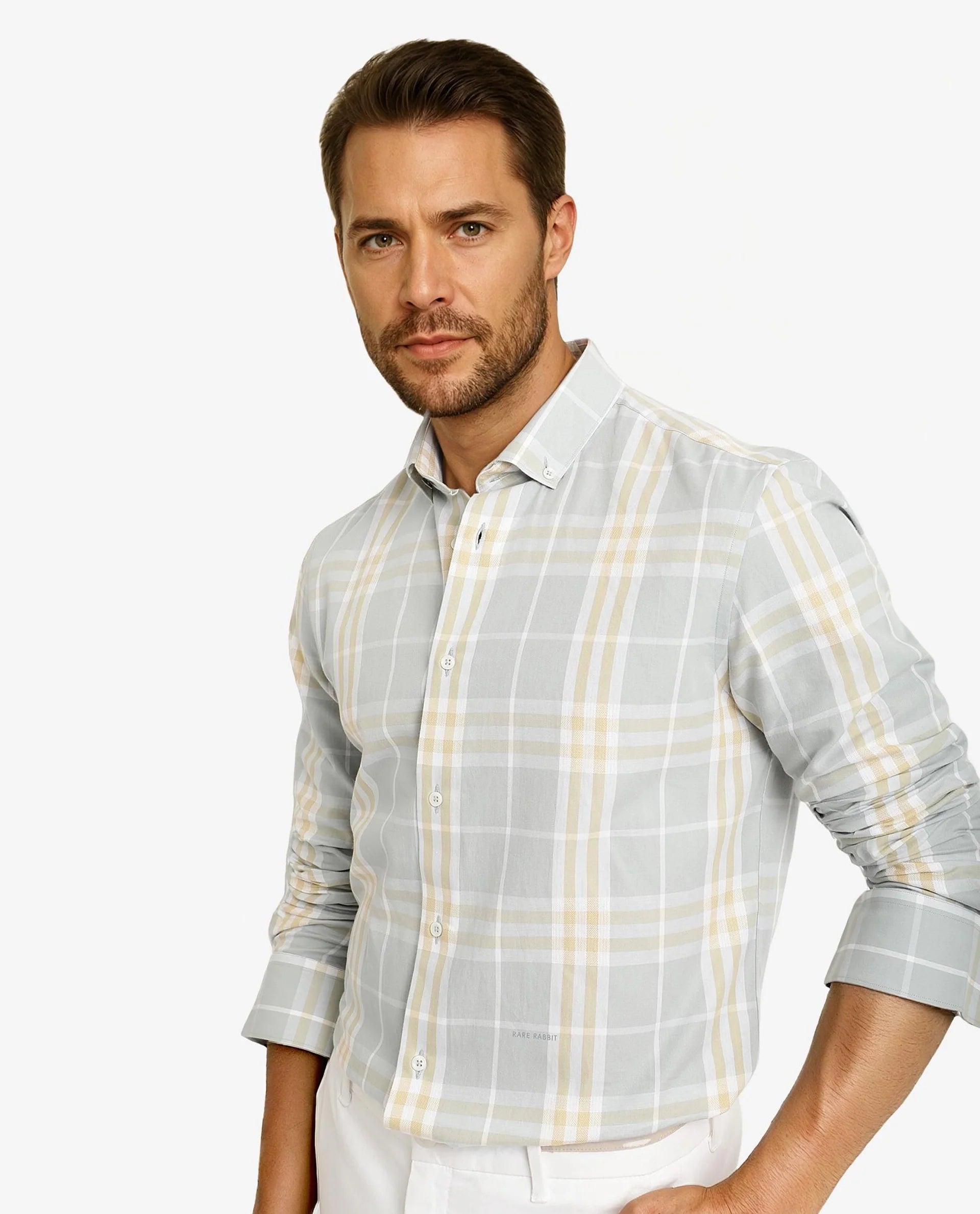 Rare Rabbit Men's Muz Light Grey Cotton Fabric Full Sleeve Collared Regular Fit Checked Shirt