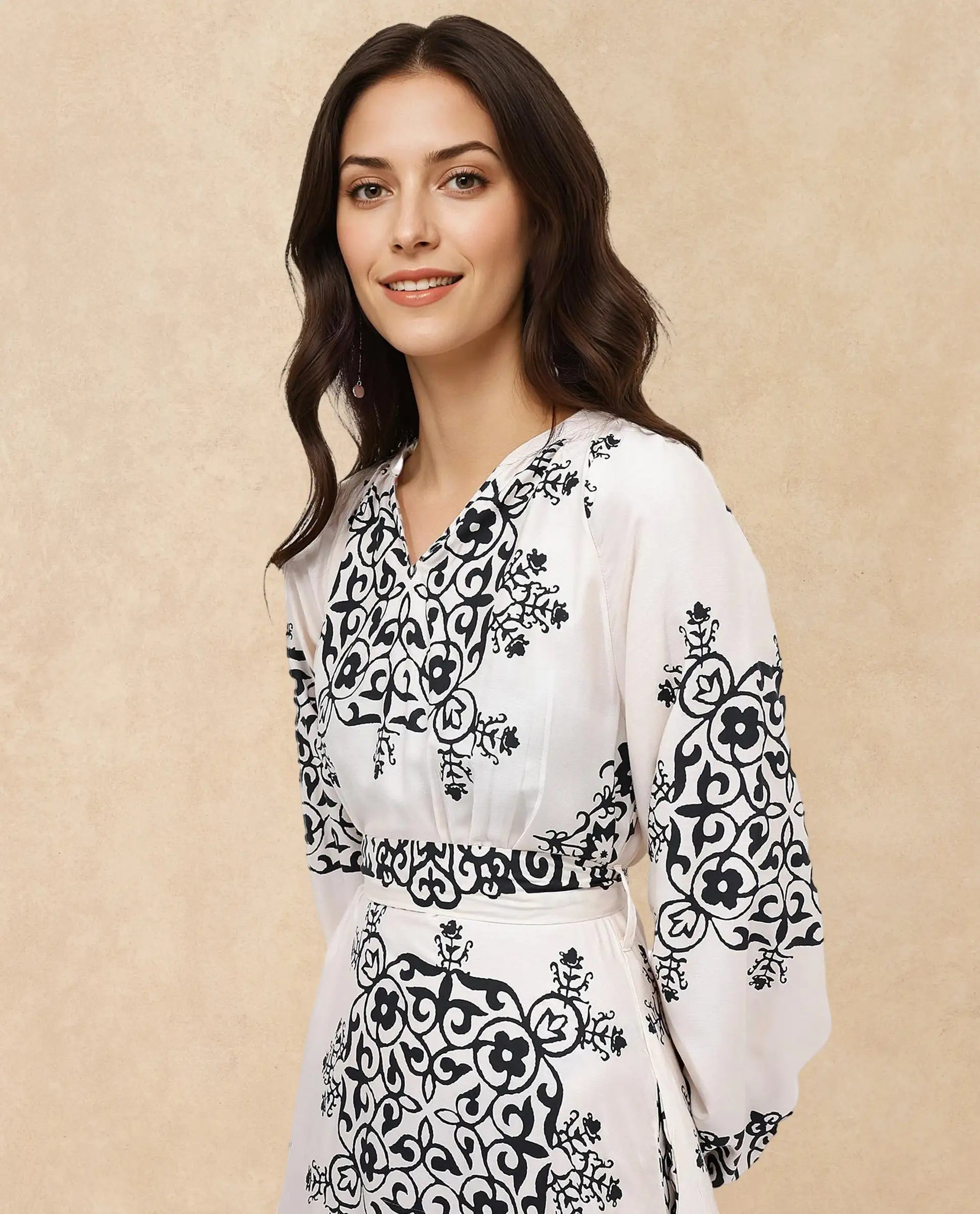 Rareism Women Myra Off White Cotton Fabric Full Sleeve V-Neck Floral Print A-Line Longline Dress