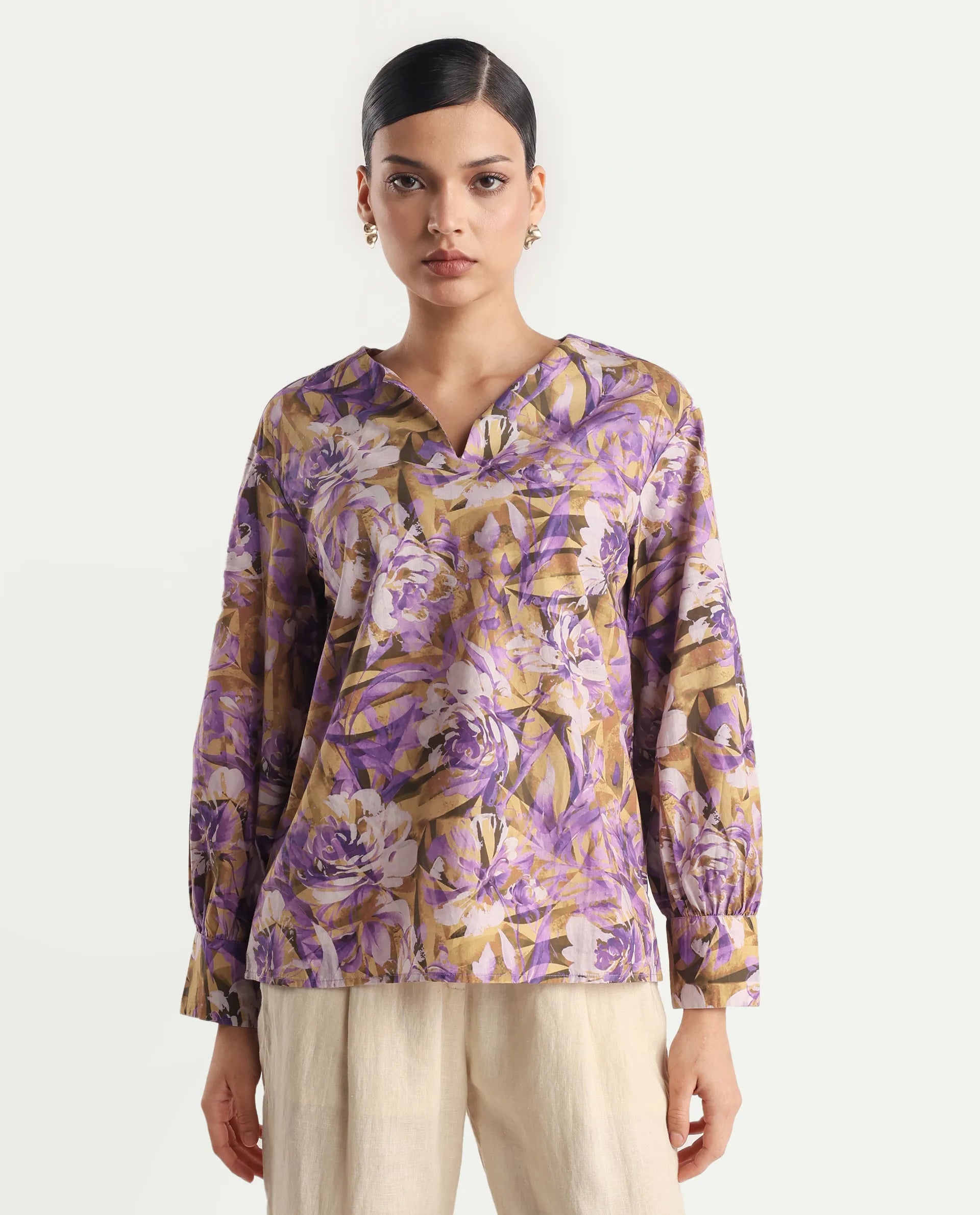 Rareism Women's Myrtong Multi Cotton Crew Neck Floral Print Cuffed Sleeve Regular Fit Top