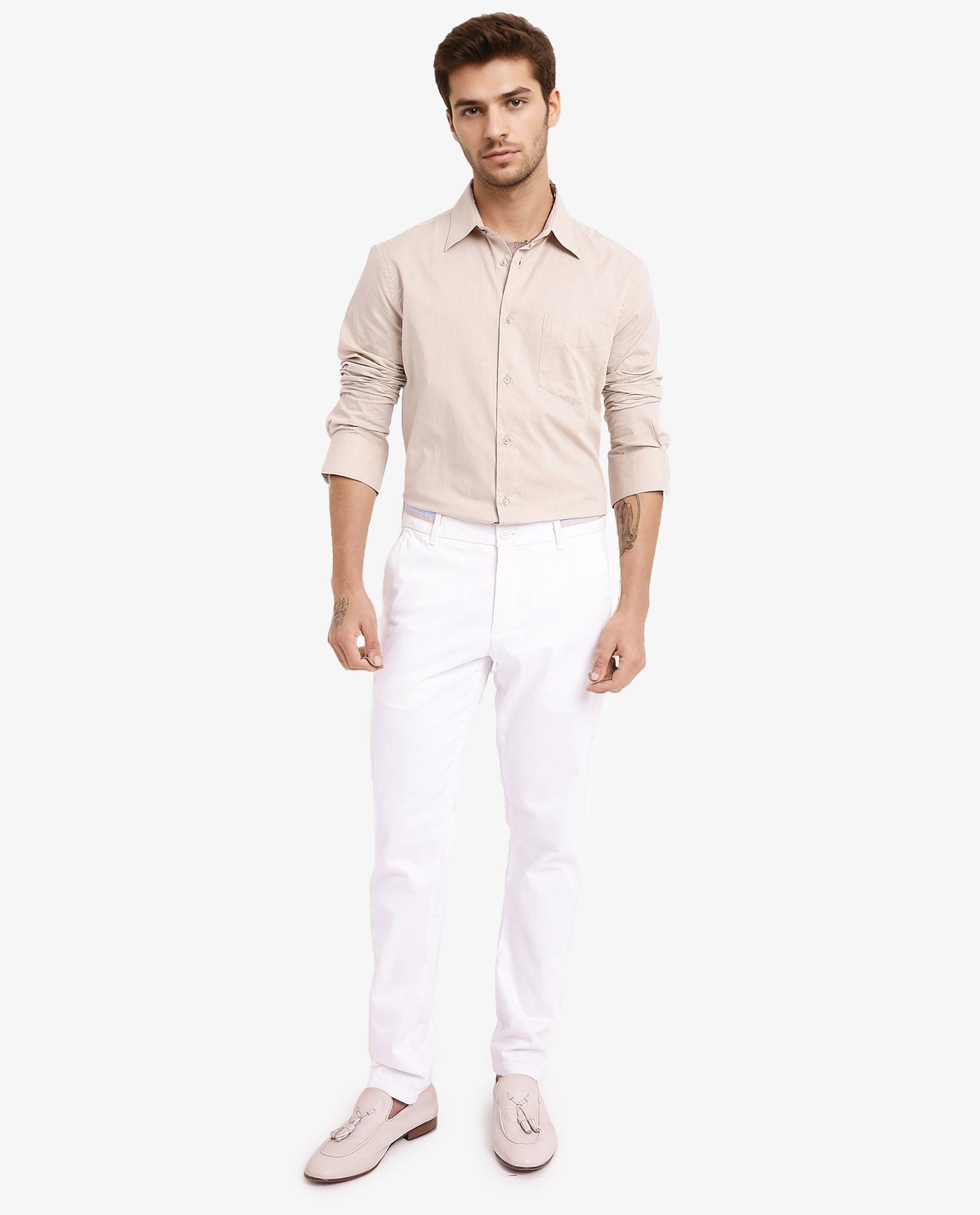 Rare Rabbit Men's Myte Beige Cotton Fabric Full Sleeve Regular Fit Self Check Dobby Shirt