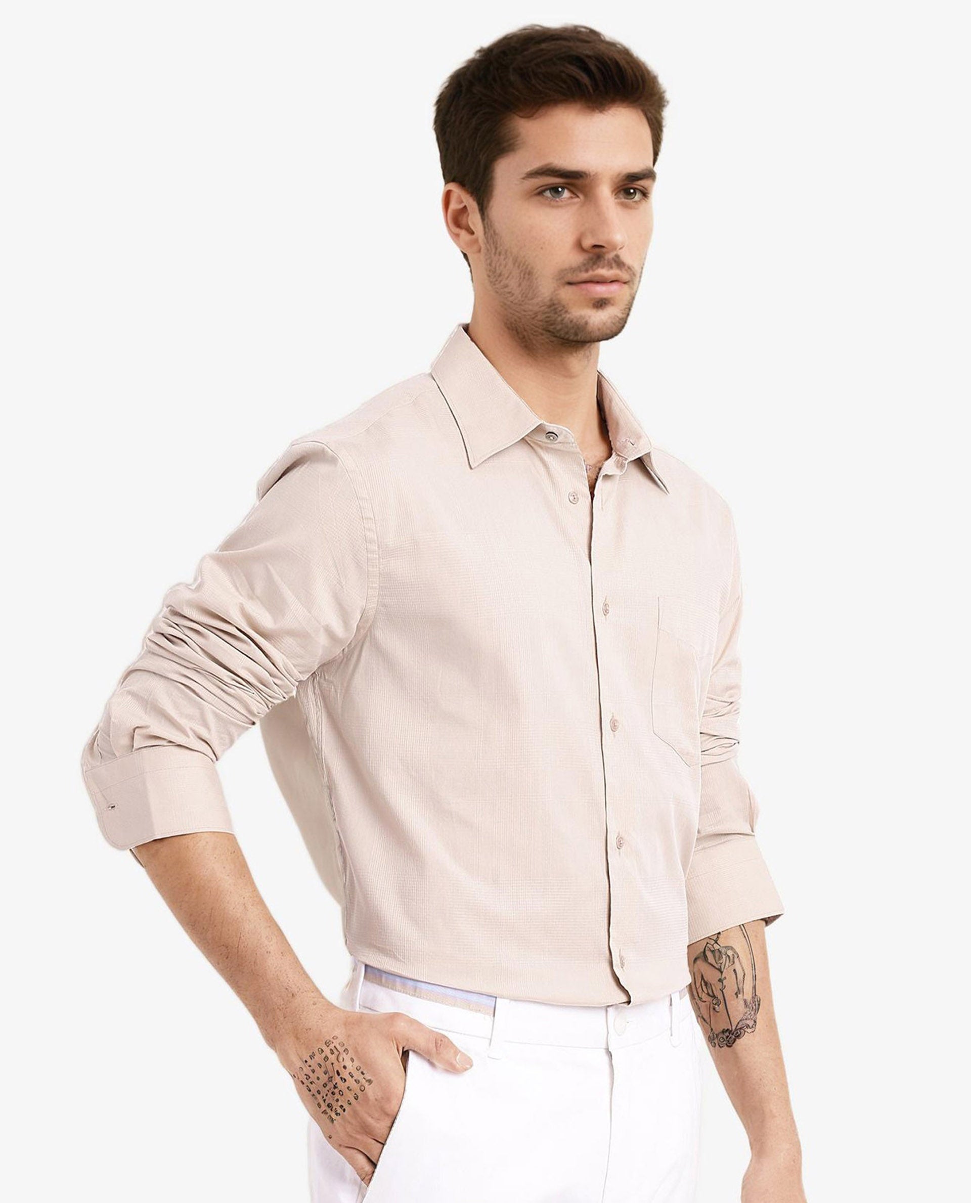 Rare Rabbit Men's Myte Beige Cotton Fabric Full Sleeve Regular Fit Self Check Dobby Shirt