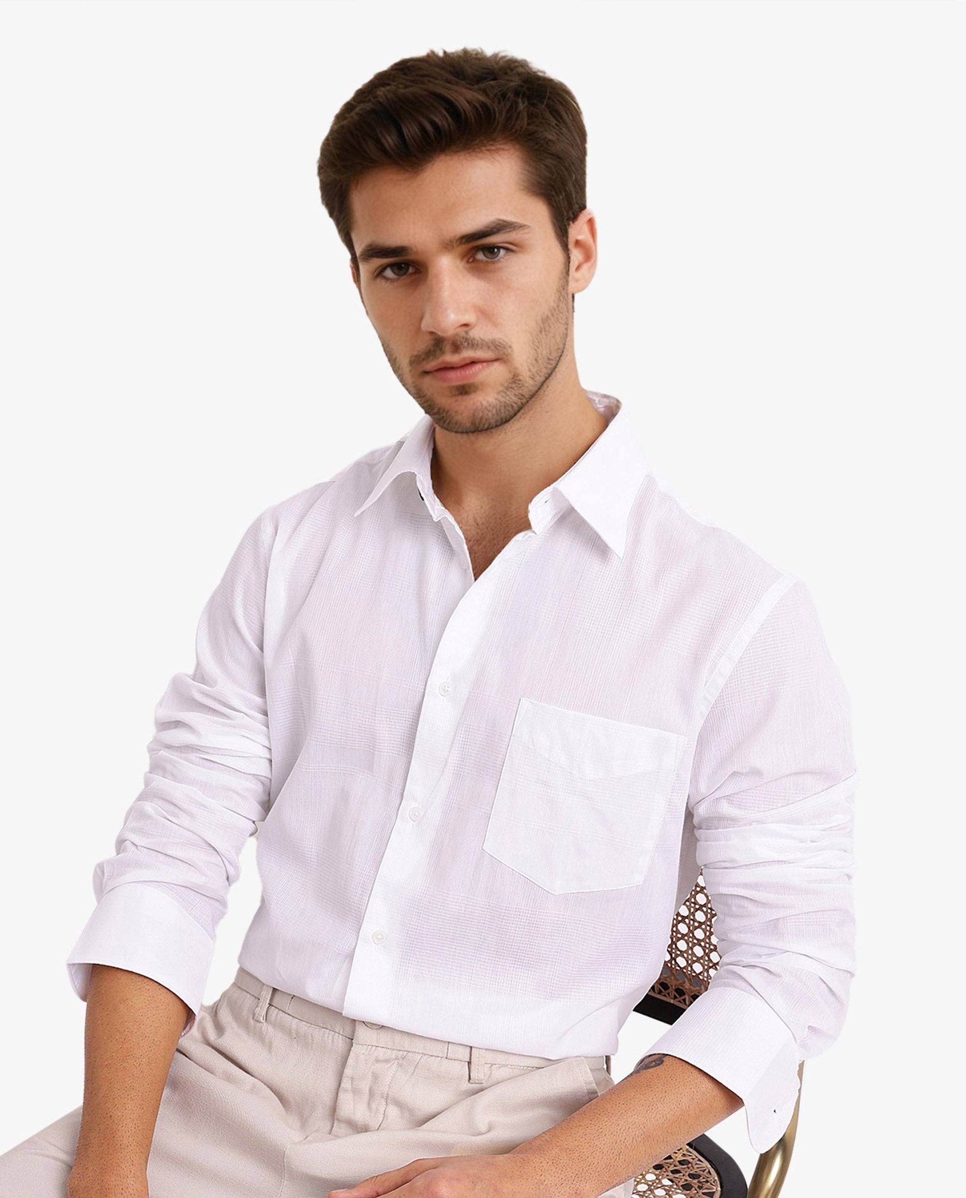 Rare Rabbit Men's Myte White Cotton Fabric Full Sleeve Regular Fit Self Check Dobby Shirt