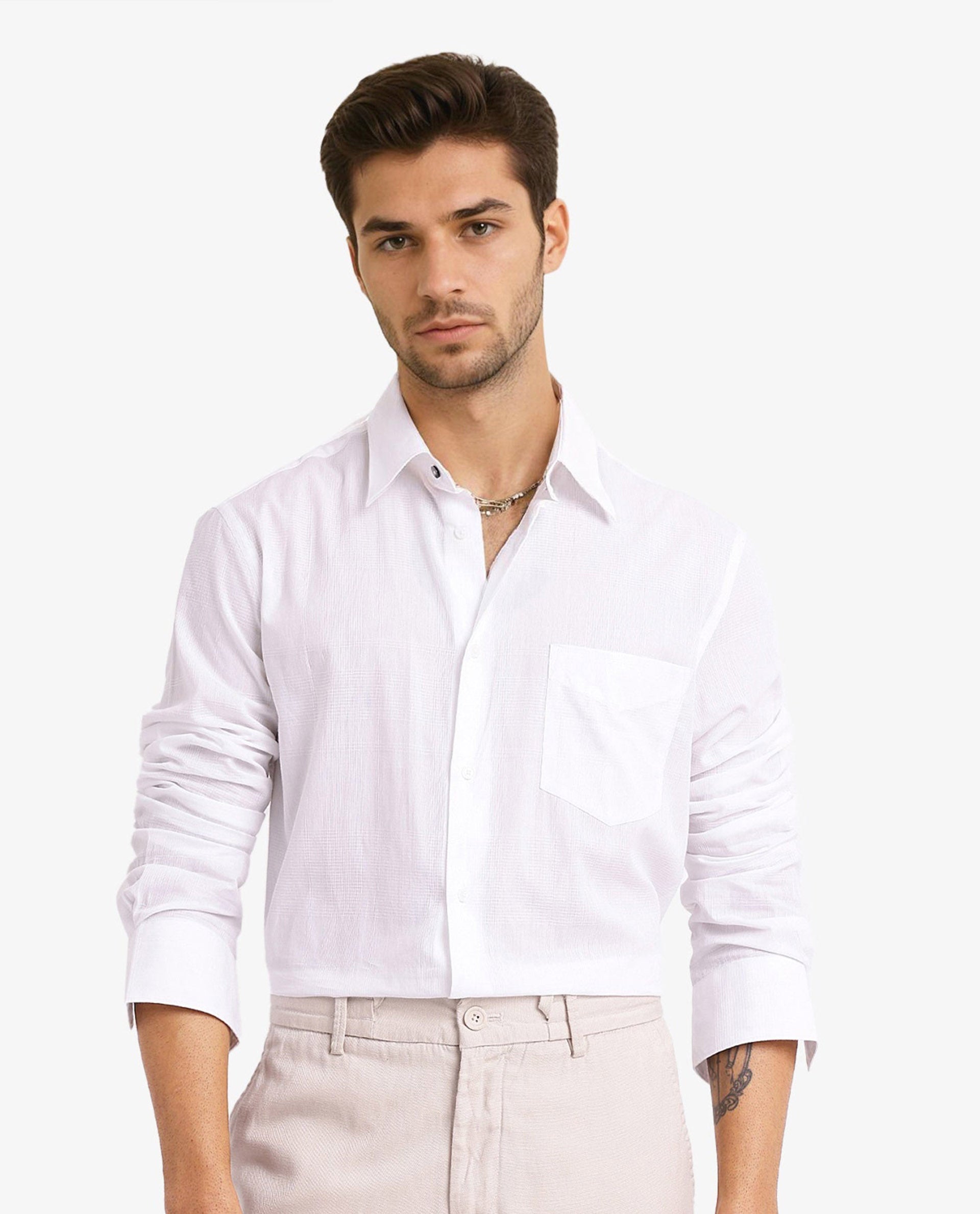 Rare Rabbit Men's Myte White Cotton Fabric Full Sleeve Regular Fit Self Check Dobby Shirt