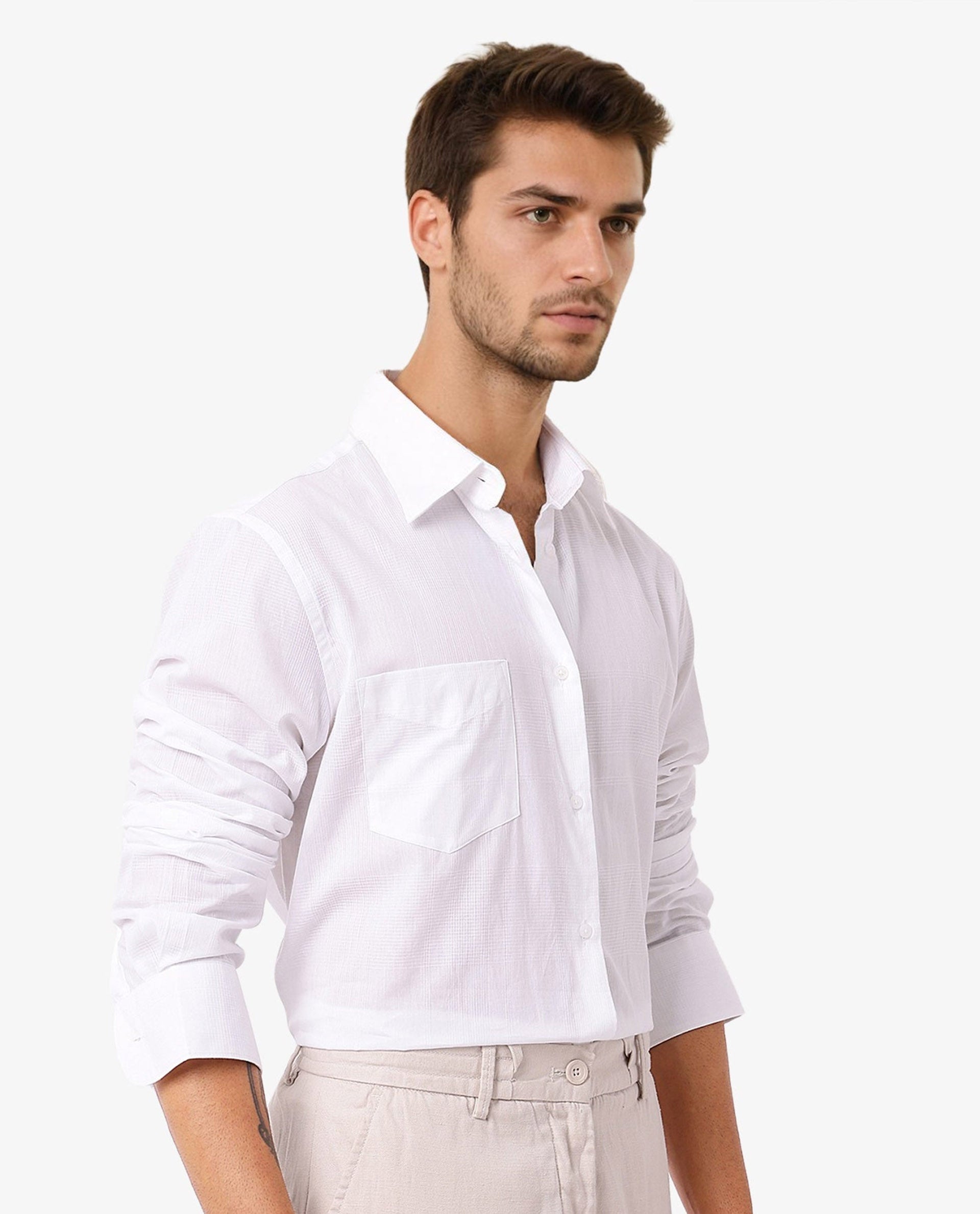 Rare Rabbit Men's Myte White Cotton Fabric Full Sleeve Regular Fit Self Check Dobby Shirt