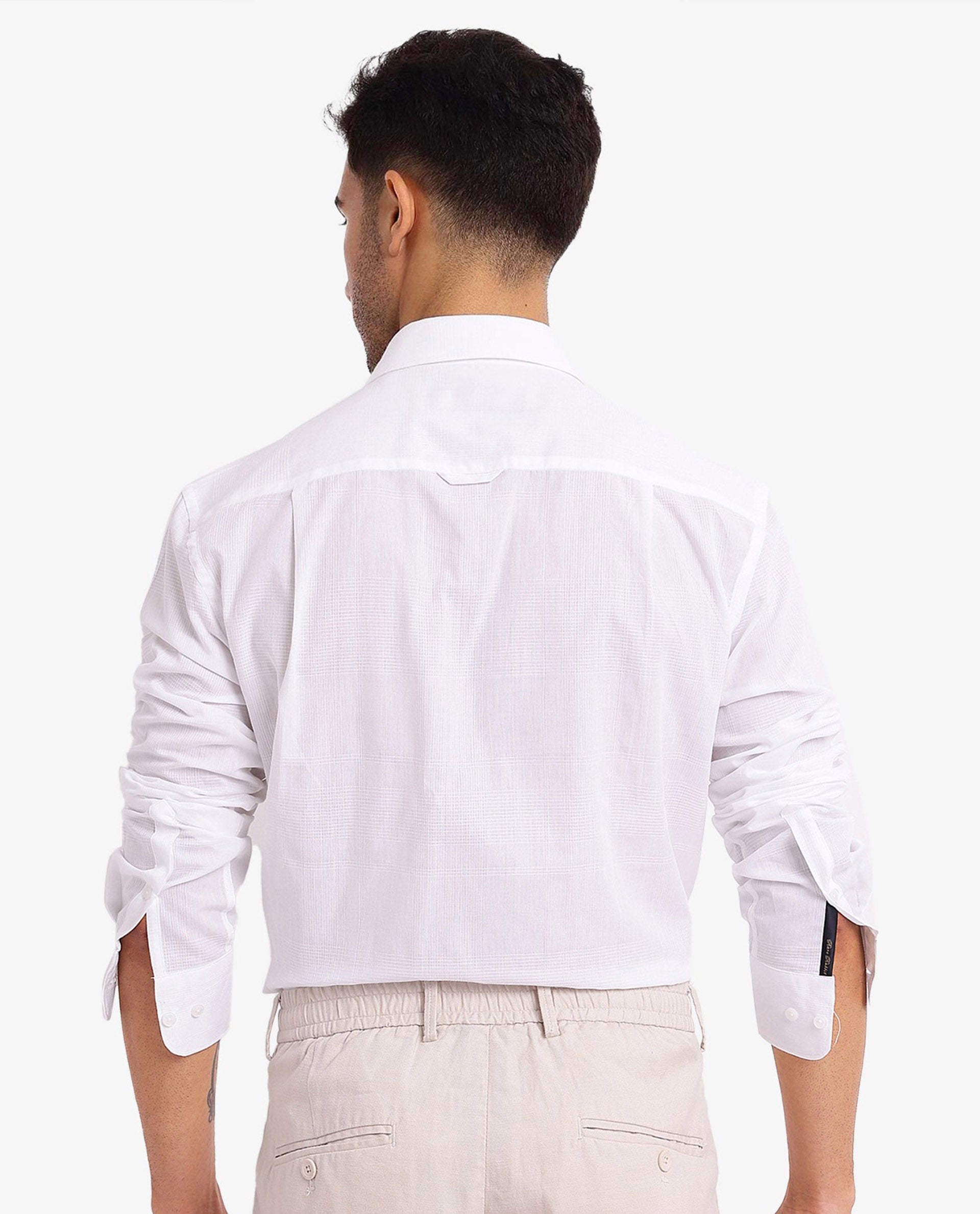 Rare Rabbit Men's Myte White Cotton Fabric Full Sleeve Regular Fit Self Check Dobby Shirt