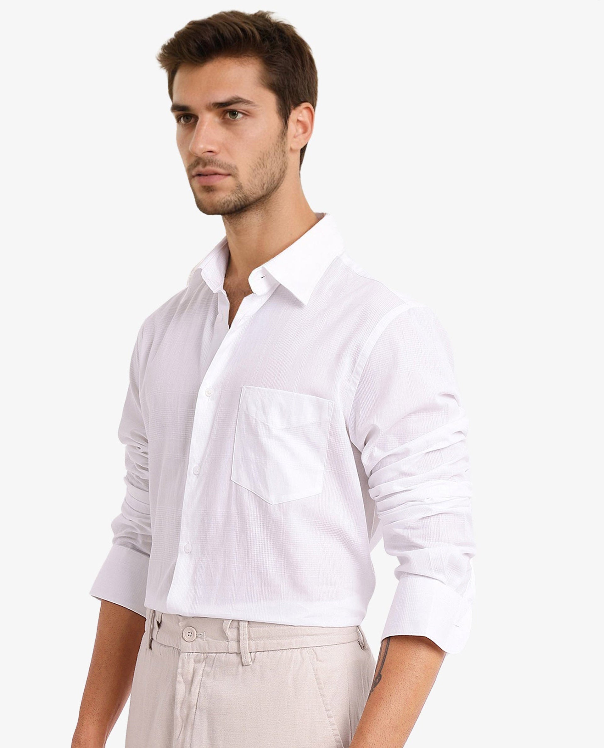 Rare Rabbit Men's Myte White Cotton Fabric Full Sleeve Regular Fit Self Check Dobby Shirt