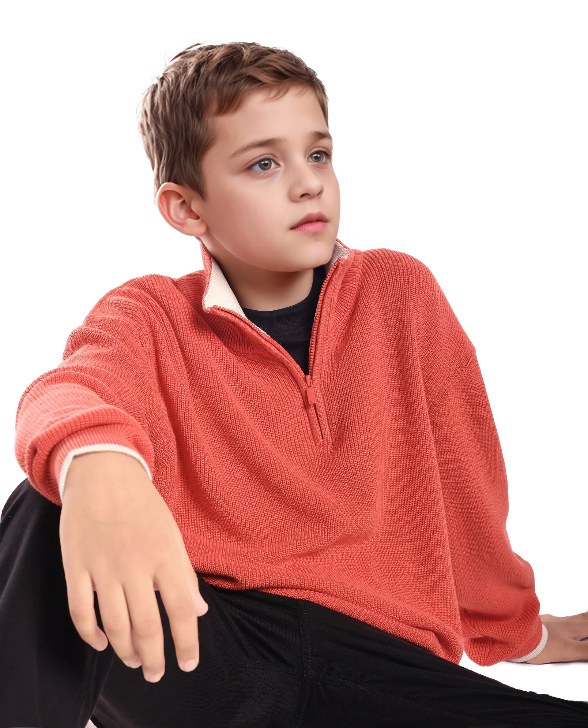 Rare Ones Kids Nack Dusky Orange Cotton Solid Zipper Closure Regular Fit Sweater