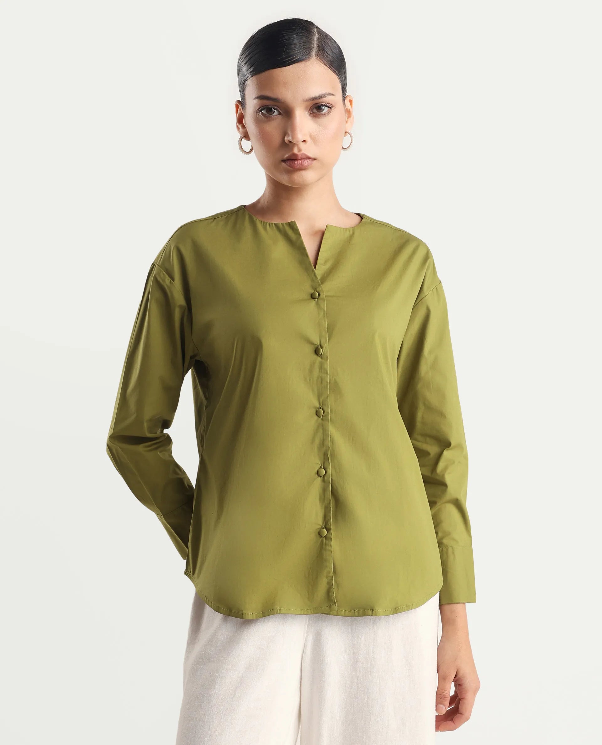 Rareism Women's Nagoya Green Cotton Blend Crew Neck Plain Cuffed Sleeve Regular Fit Top