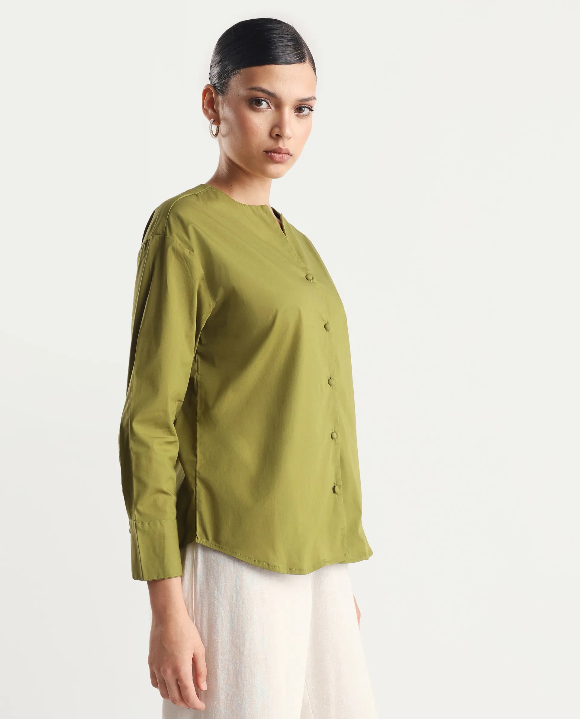 Rareism Women's Nagoya Green Cotton Blend Crew Neck Plain Cuffed Sleeve Regular Fit Top