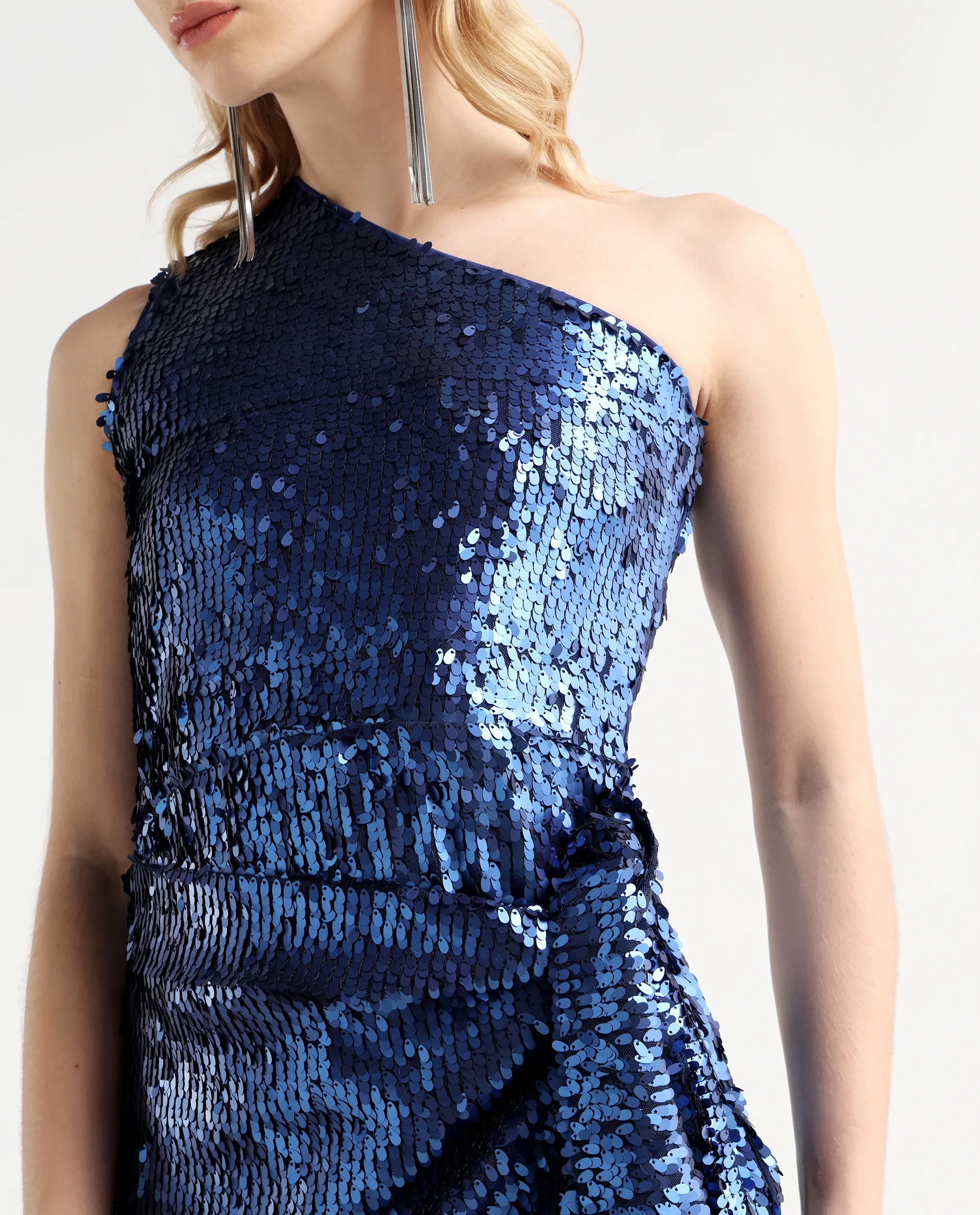 Rareism Women's Nala Sheen Blue Polyester Collarless Sequined Sleeveless Mini Regular Fit Dress