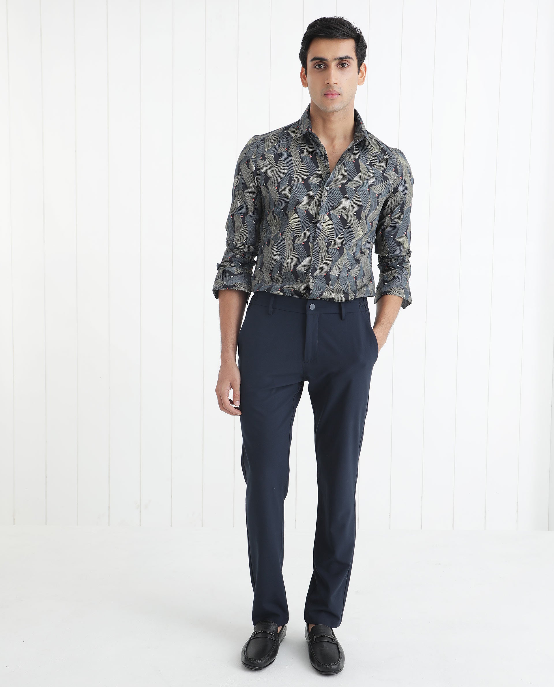 Rare Rabbit Men's Nant Black Cotton Viscose Fabric Geometric Print Full Sleeves Shirt