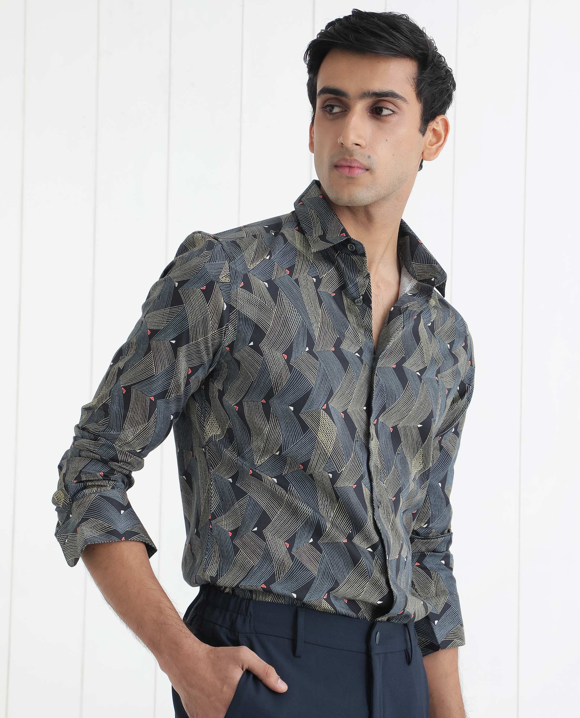Rare Rabbit Men's Nant Black Cotton Viscose Fabric Geometric Print Full Sleeves Shirt
