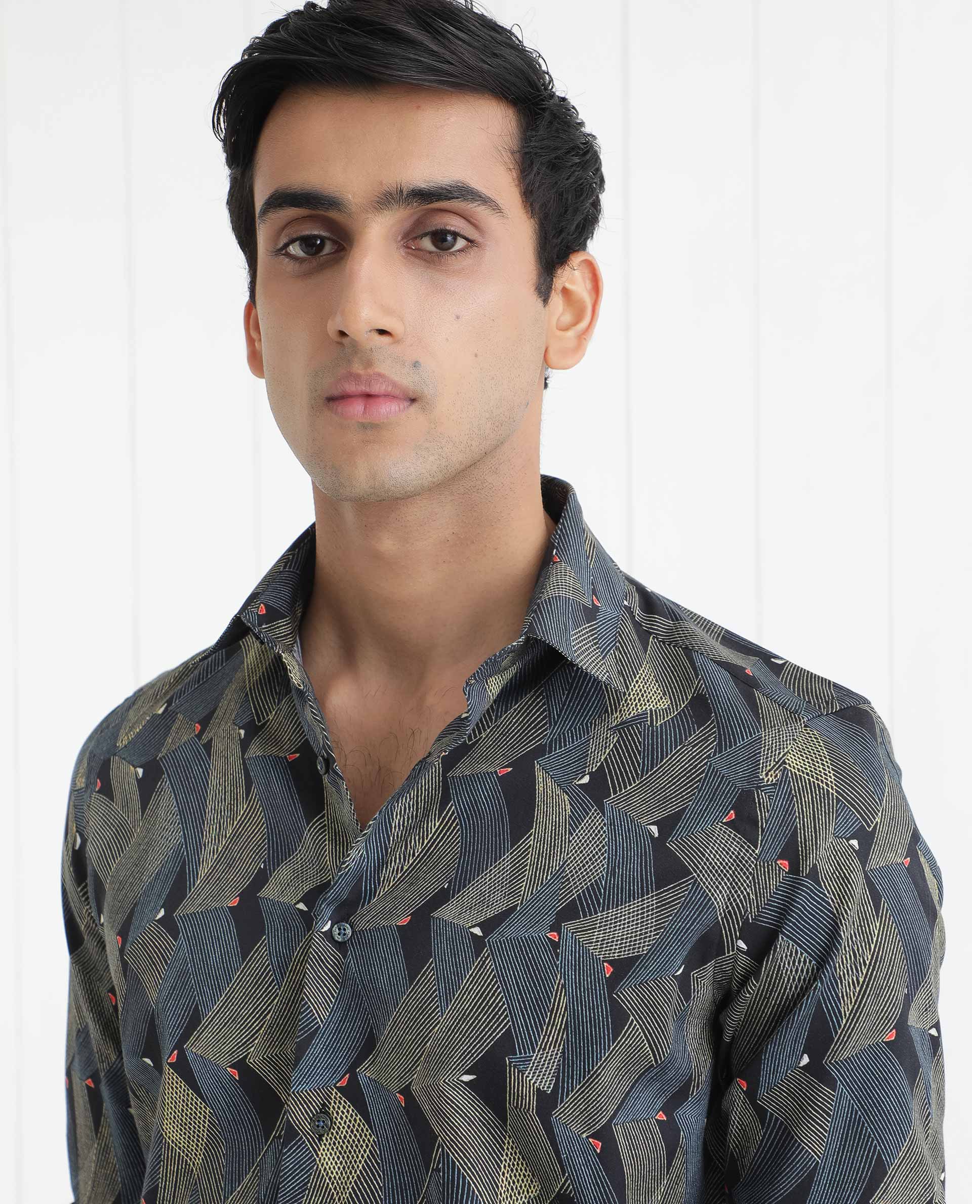 Rare Rabbit Men's Nant Black Cotton Viscose Fabric Geometric Print Full Sleeves Shirt