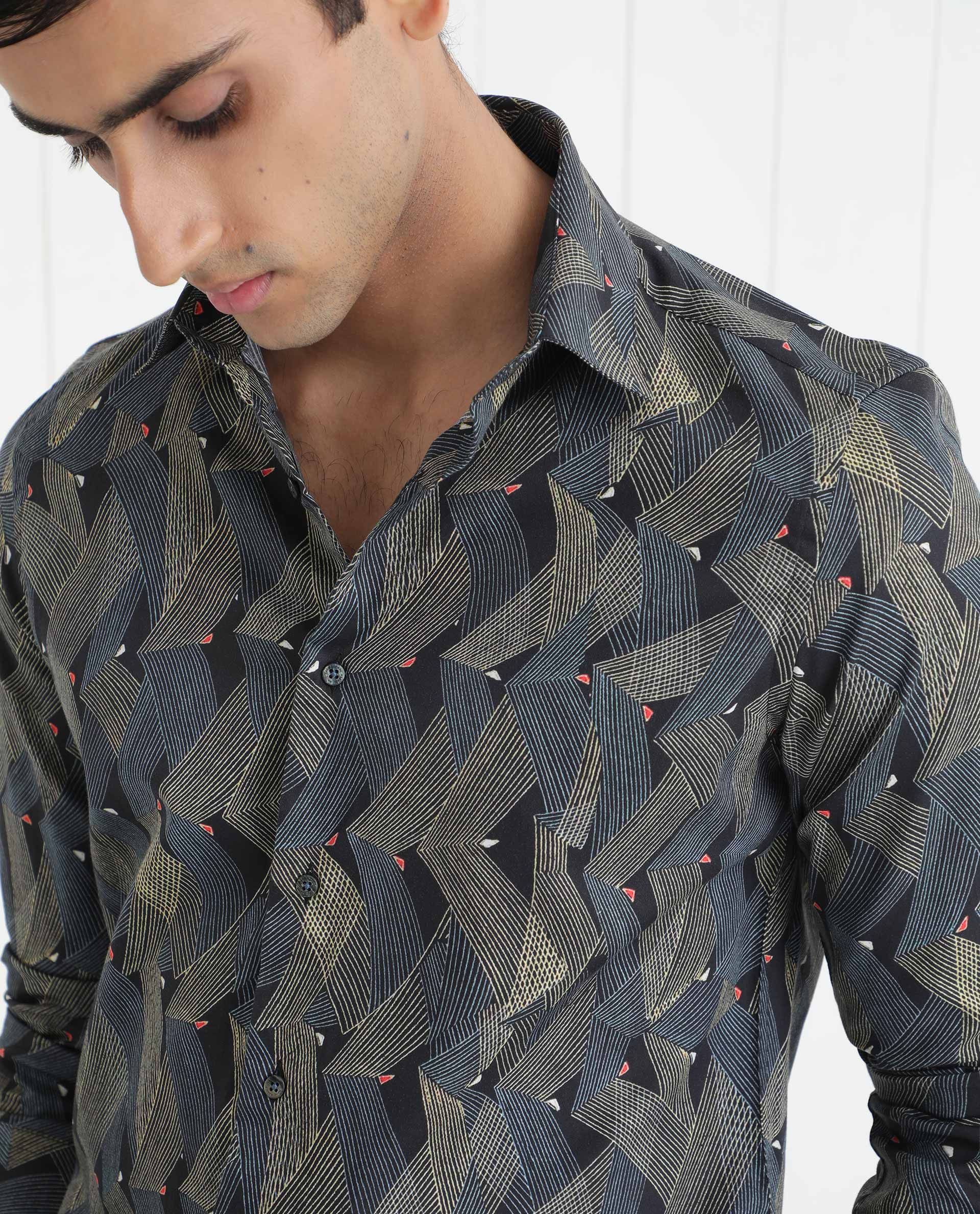 Rare Rabbit Men's Nant Black Cotton Viscose Fabric Geometric Print Full Sleeves Shirt