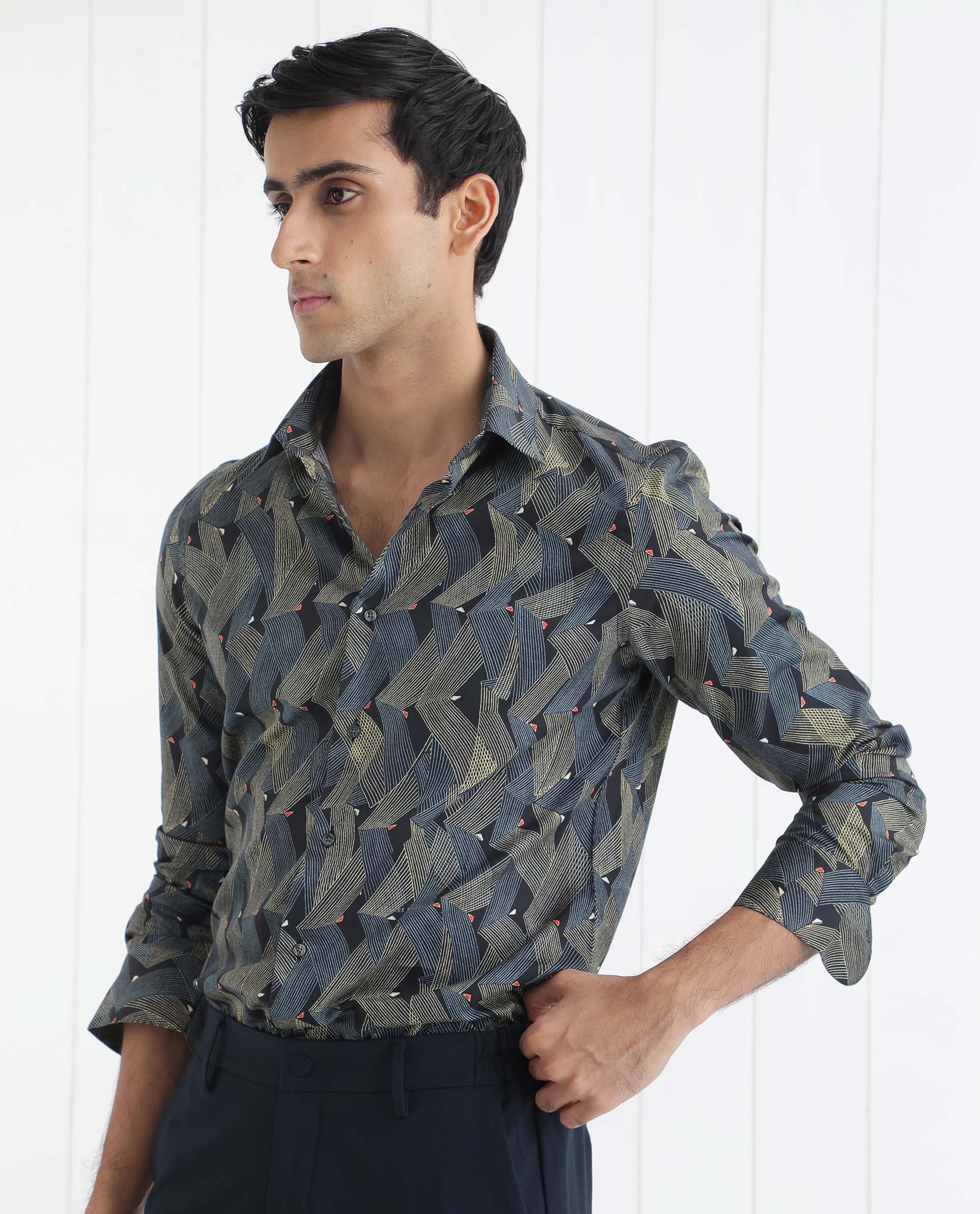 Rare Rabbit Men's Nant Black Cotton Viscose Fabric Geometric Print Full Sleeves Shirt