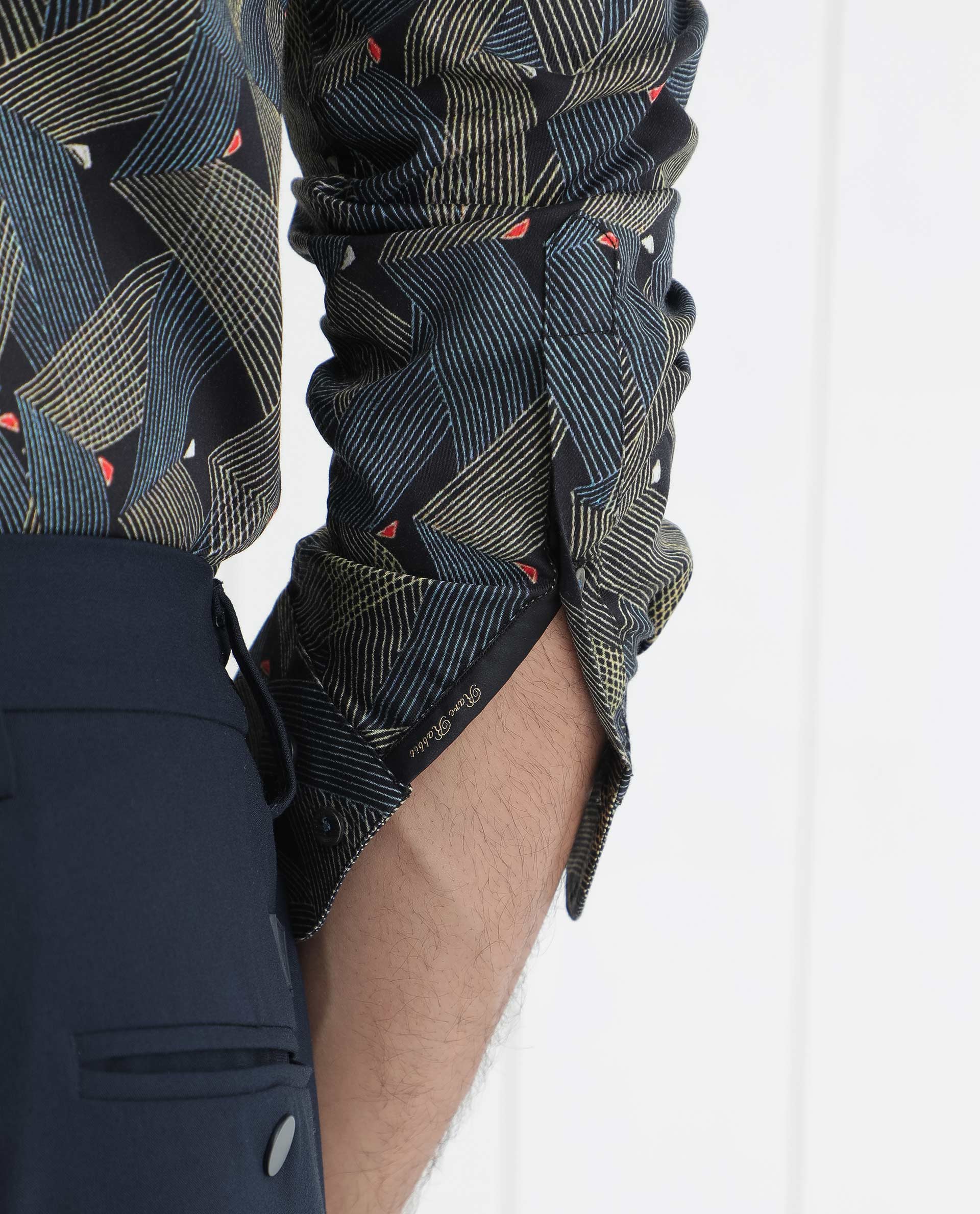 Rare Rabbit Men's Nant Black Cotton Viscose Fabric Geometric Print Full Sleeves Shirt