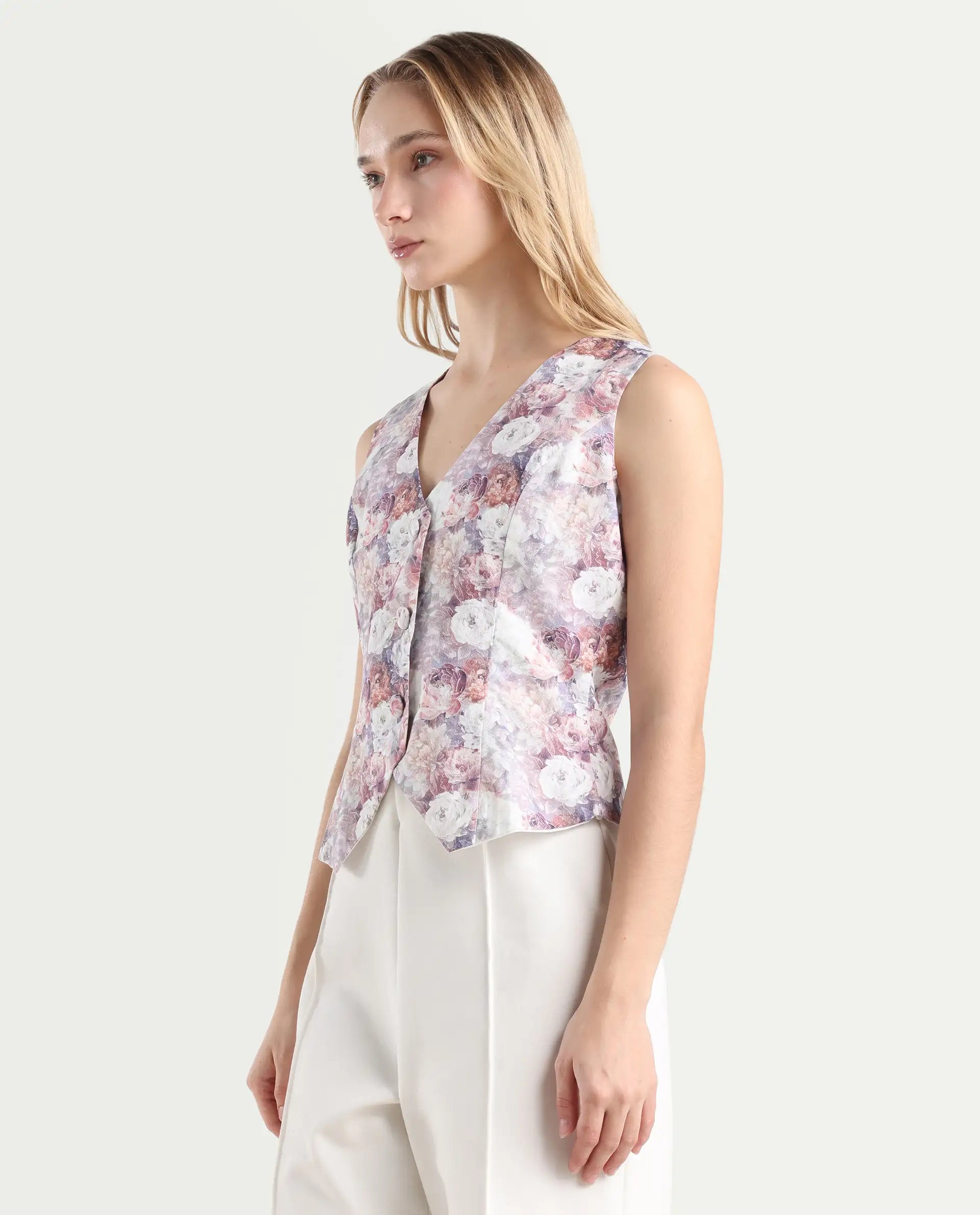 Rareism Women's Nantes Light Multi Cotton V-Neck Floral Print Sleeveless Regular Fitted Top