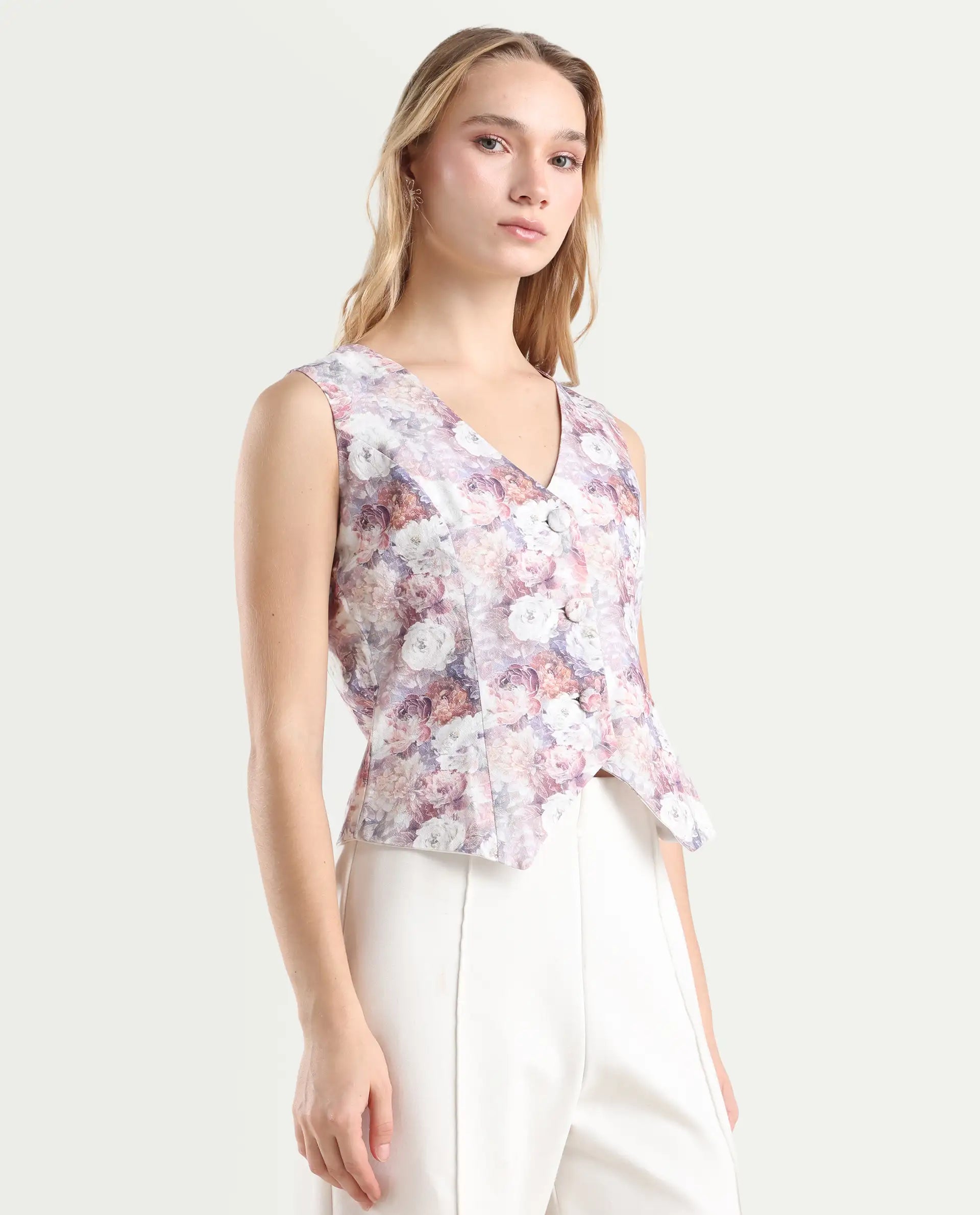 Rareism Women's Nantes Light Multi Cotton V-Neck Floral Print Sleeveless Regular Fitted Top