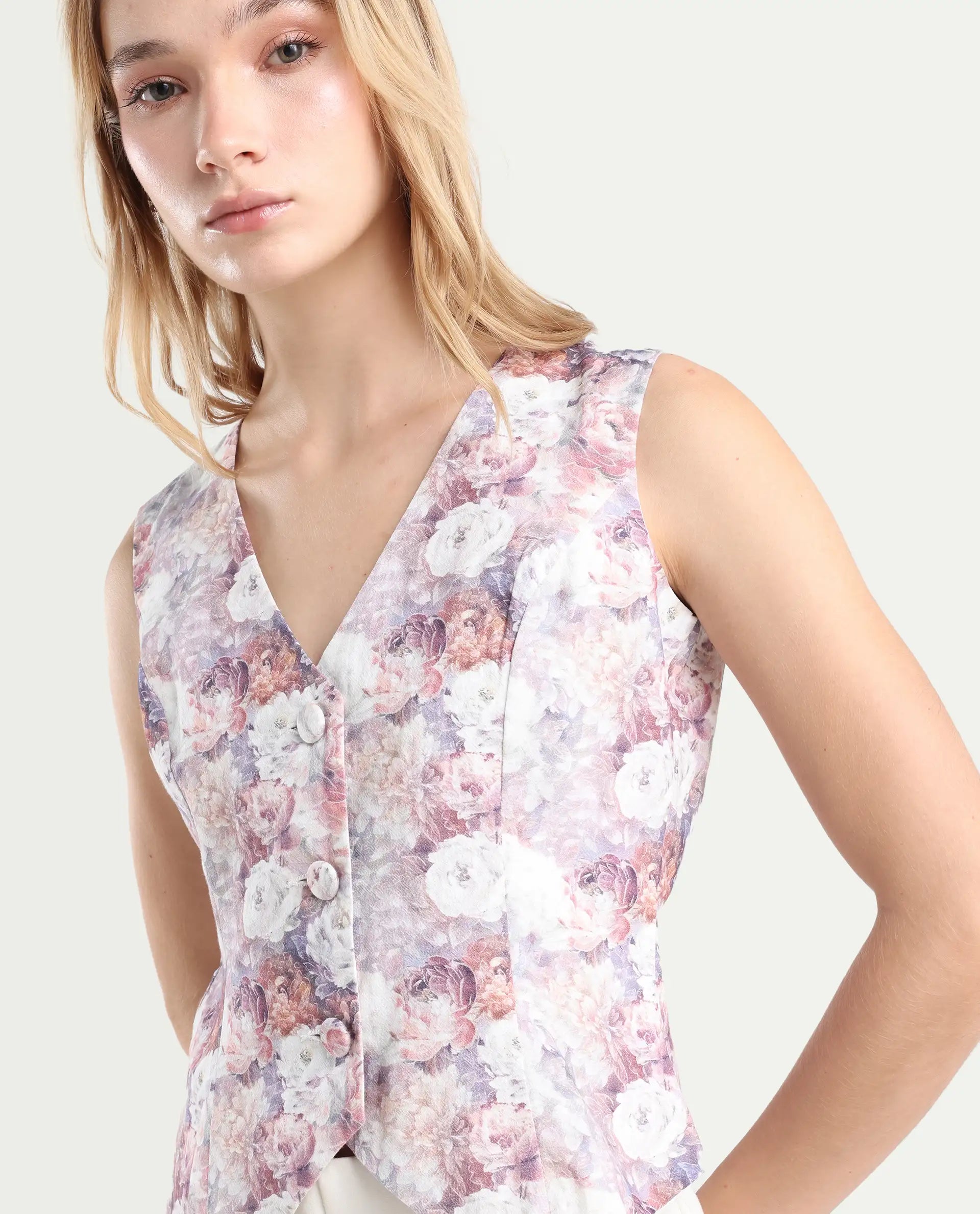Rareism Women's Nantes Light Multi Cotton V-Neck Floral Print Sleeveless Regular Fitted Top