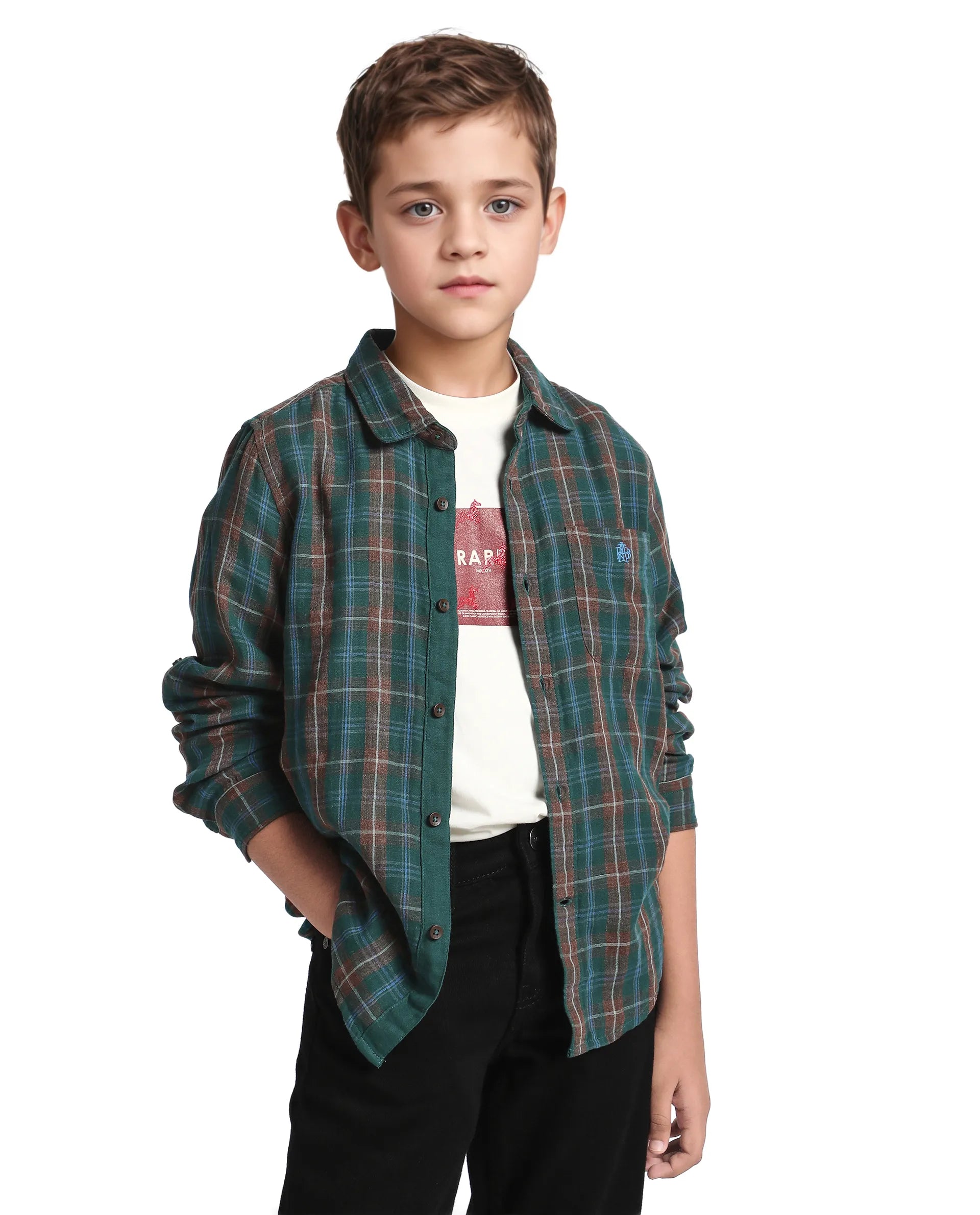 Rare Ones Kids Nash Dark Green Cotton Checked Button Closure Regular Fit Shirt