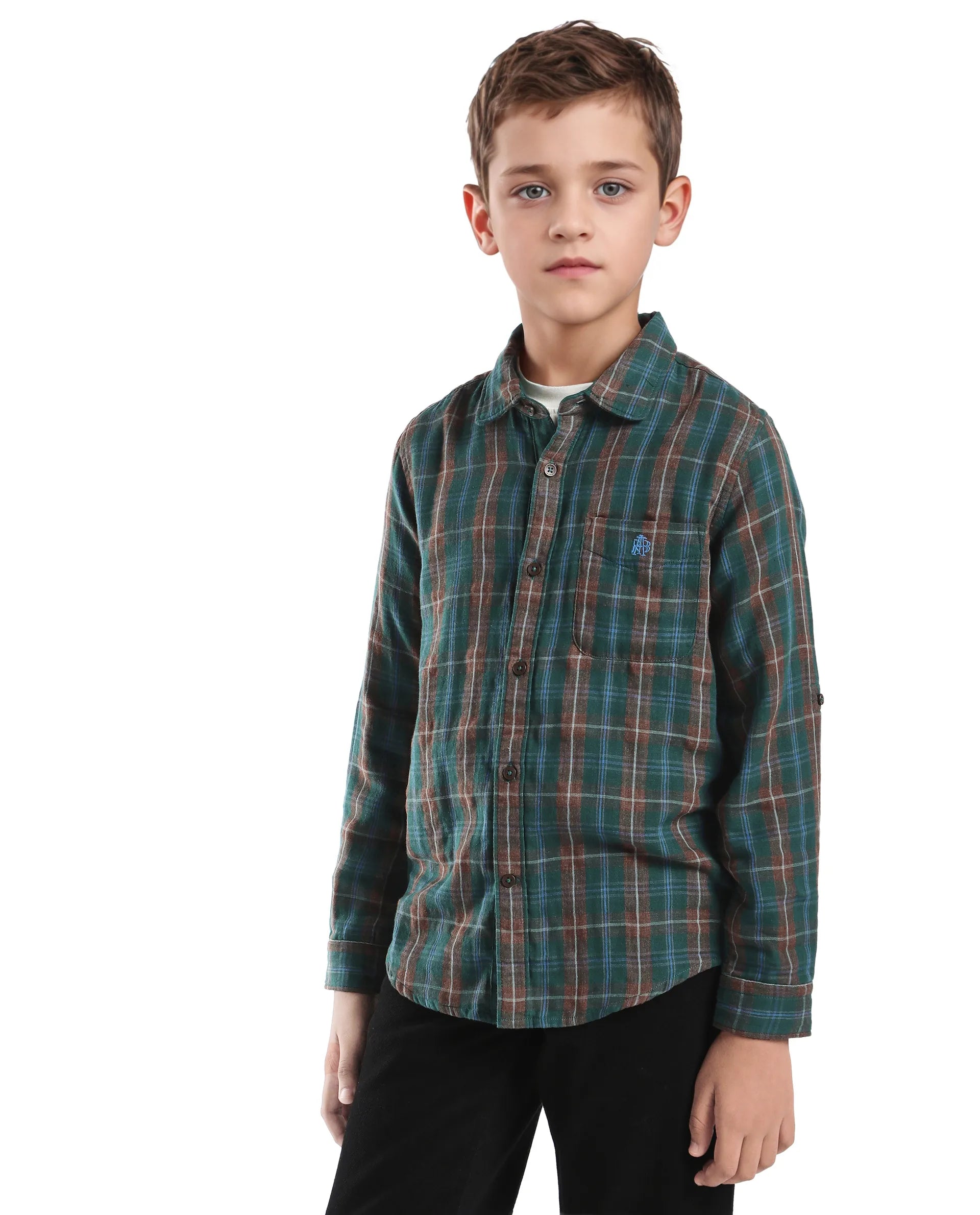 Rare Ones Kids Nash Dark Green Cotton Checked Button Closure Regular Fit Shirt