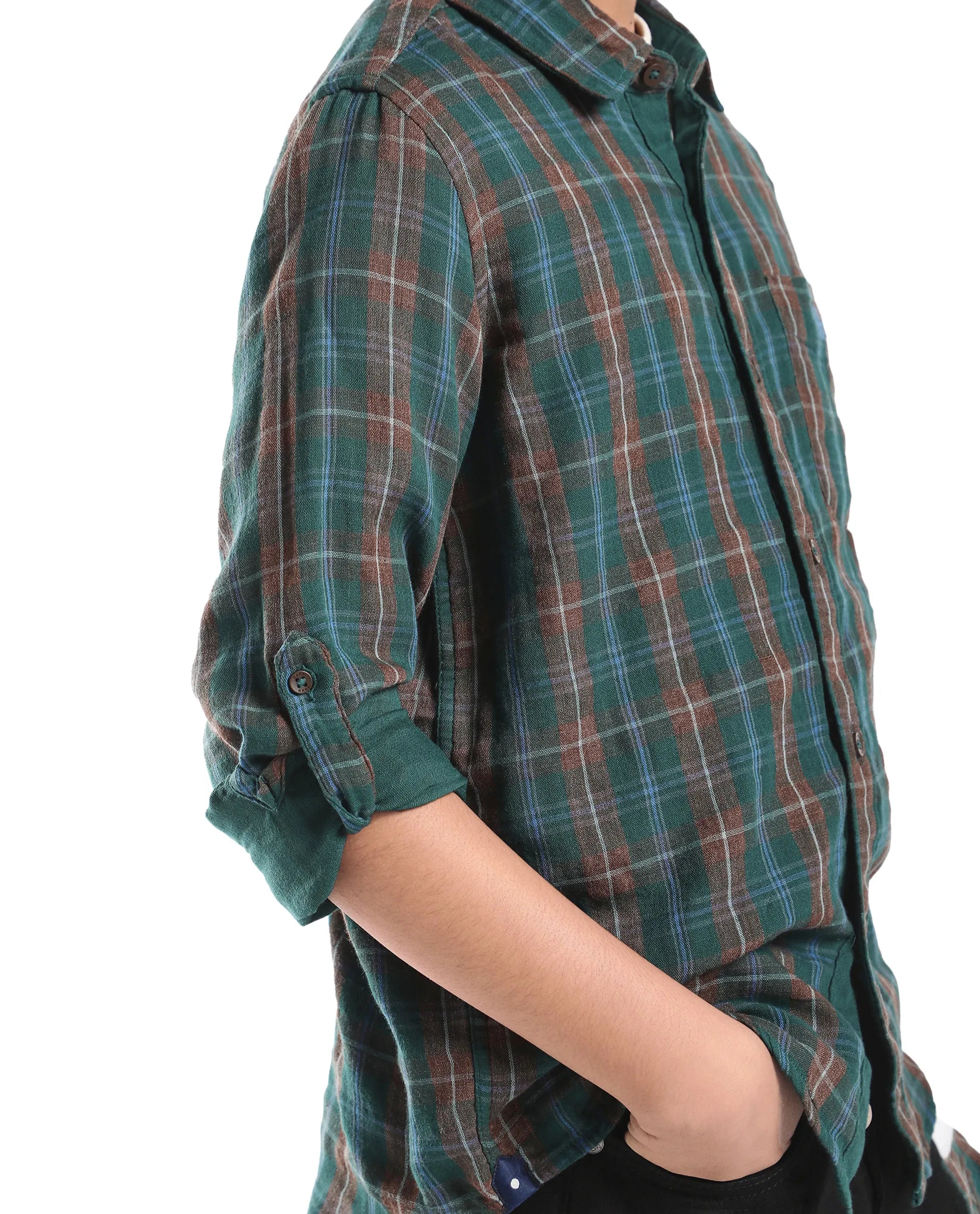Rare Ones Kids Nash Dark Green Cotton Checked Button Closure Regular Fit Shirt