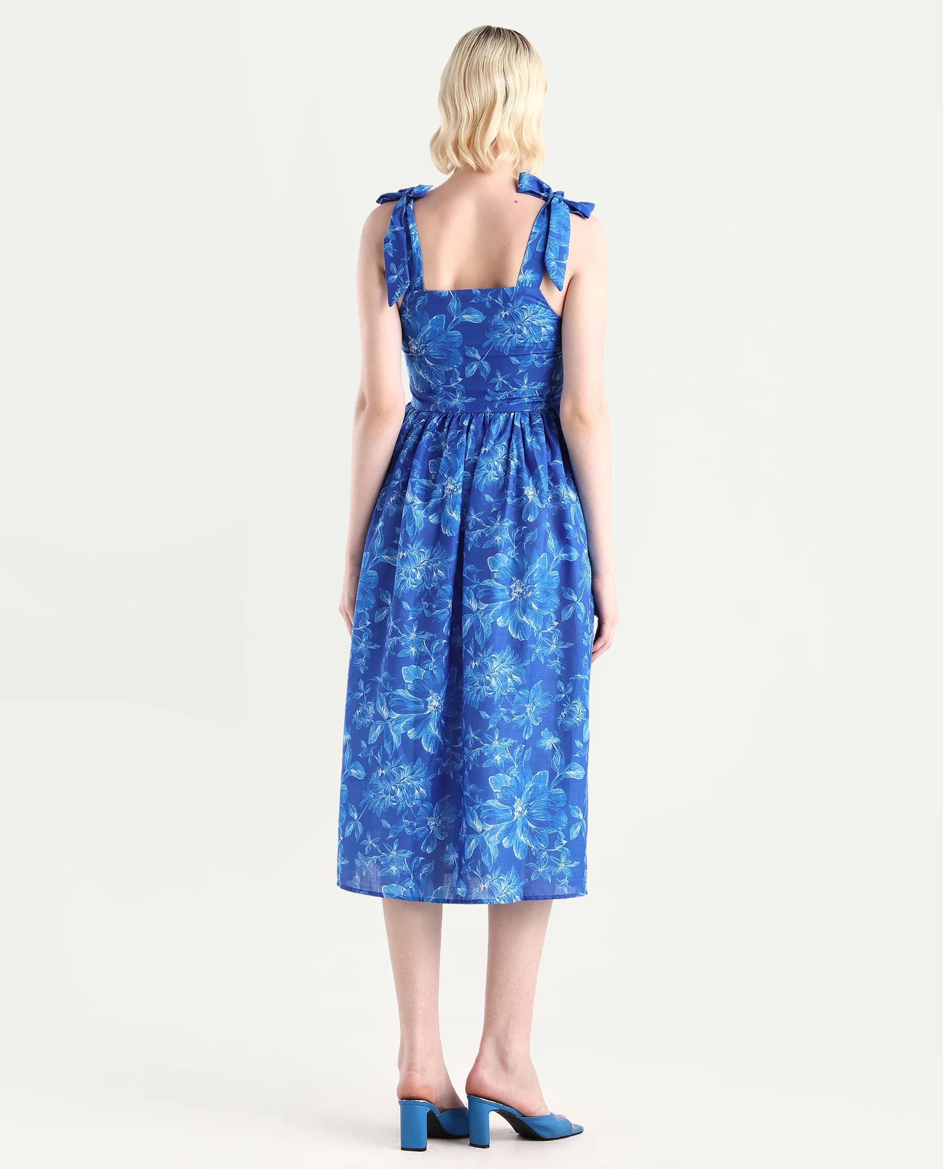 Rareism Women's Natsuki Blue Linen Shoulder Strap Floral Print Shoulder Strap Midi Fit And Flare Dress