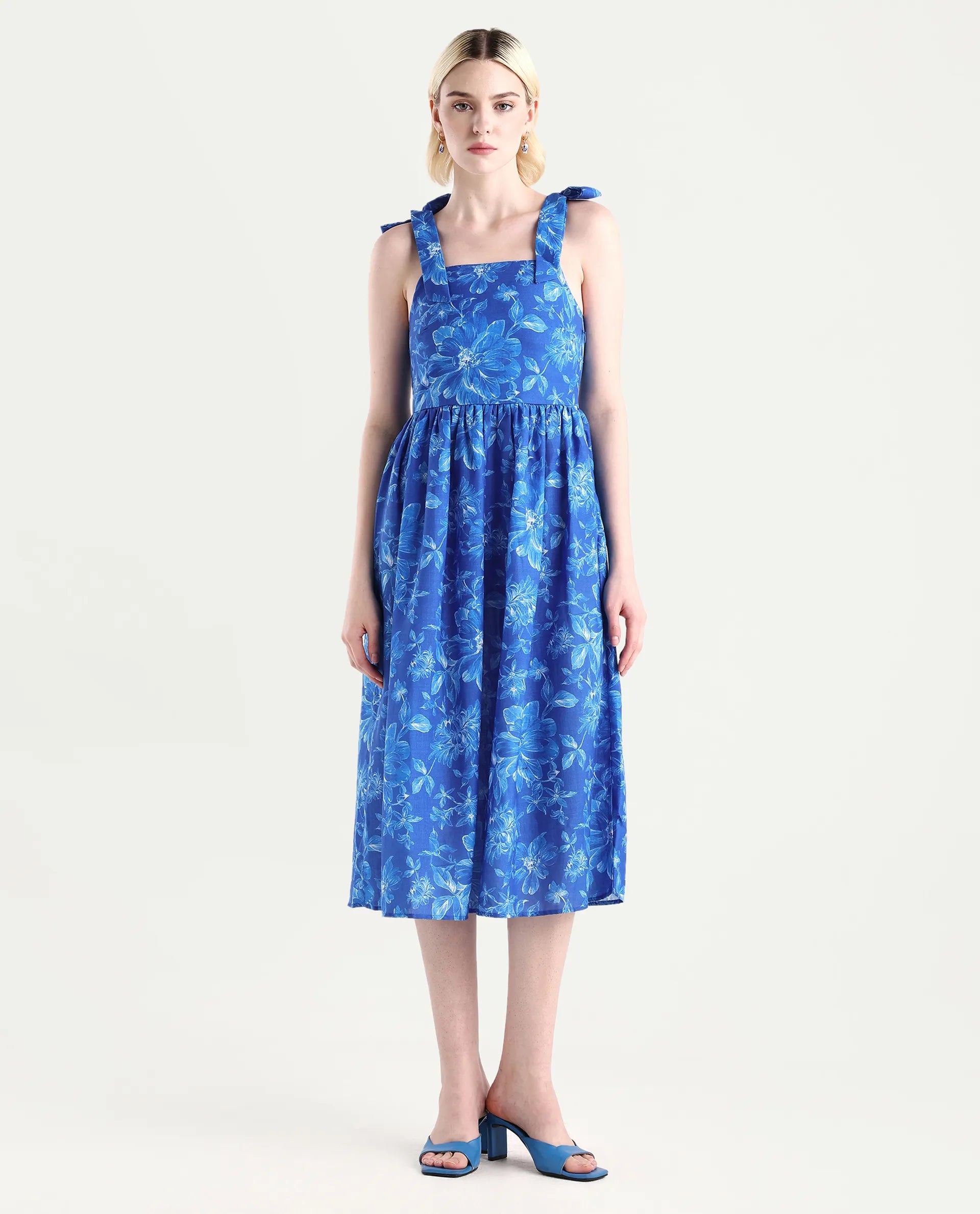 Rareism Women's Natsuki Blue Linen Shoulder Strap Floral Print Shoulder Strap Midi Fit And Flare Dress