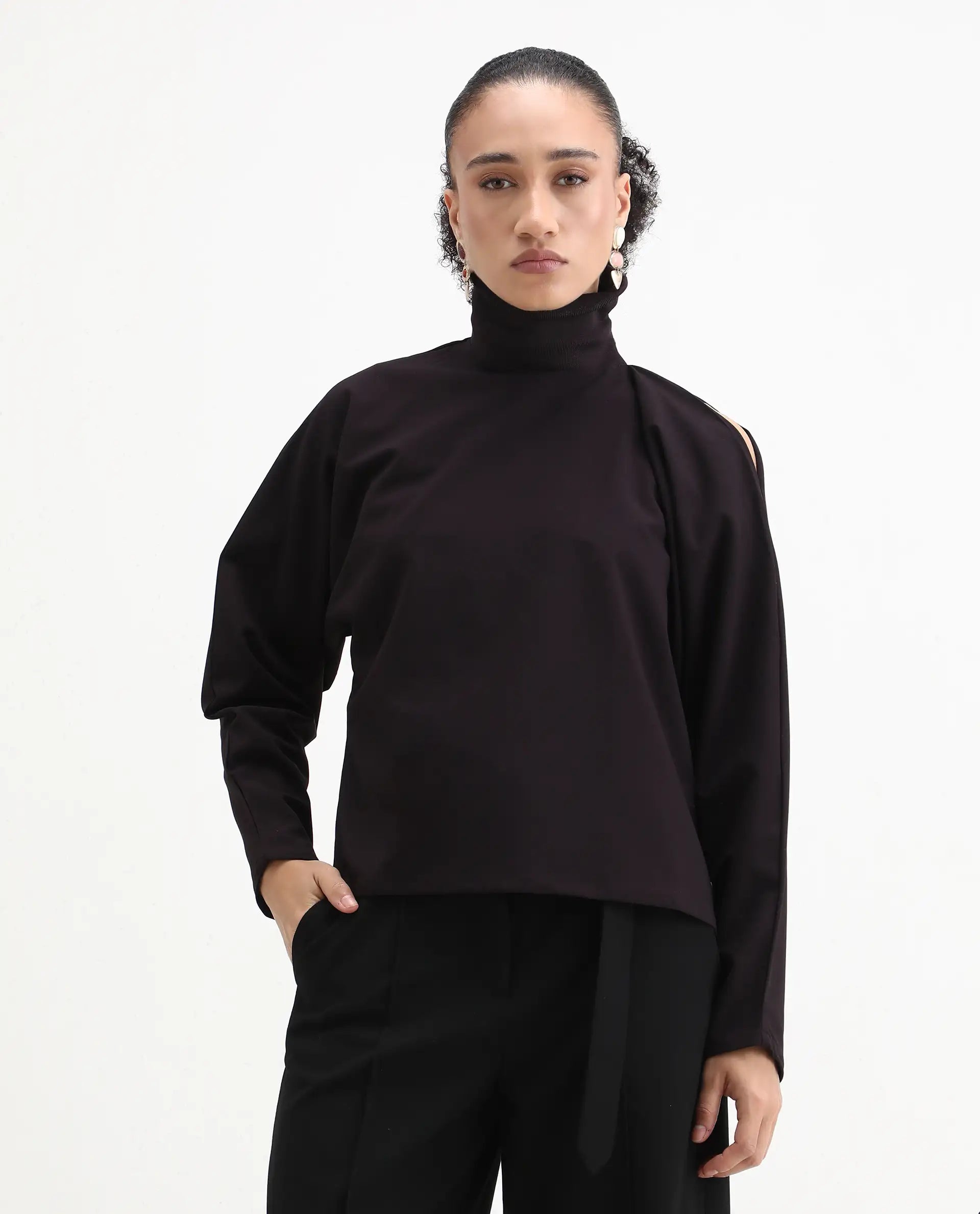 Rareism Women's Natta Rust Polyester Blend High Neck Plain Regular Fit Top