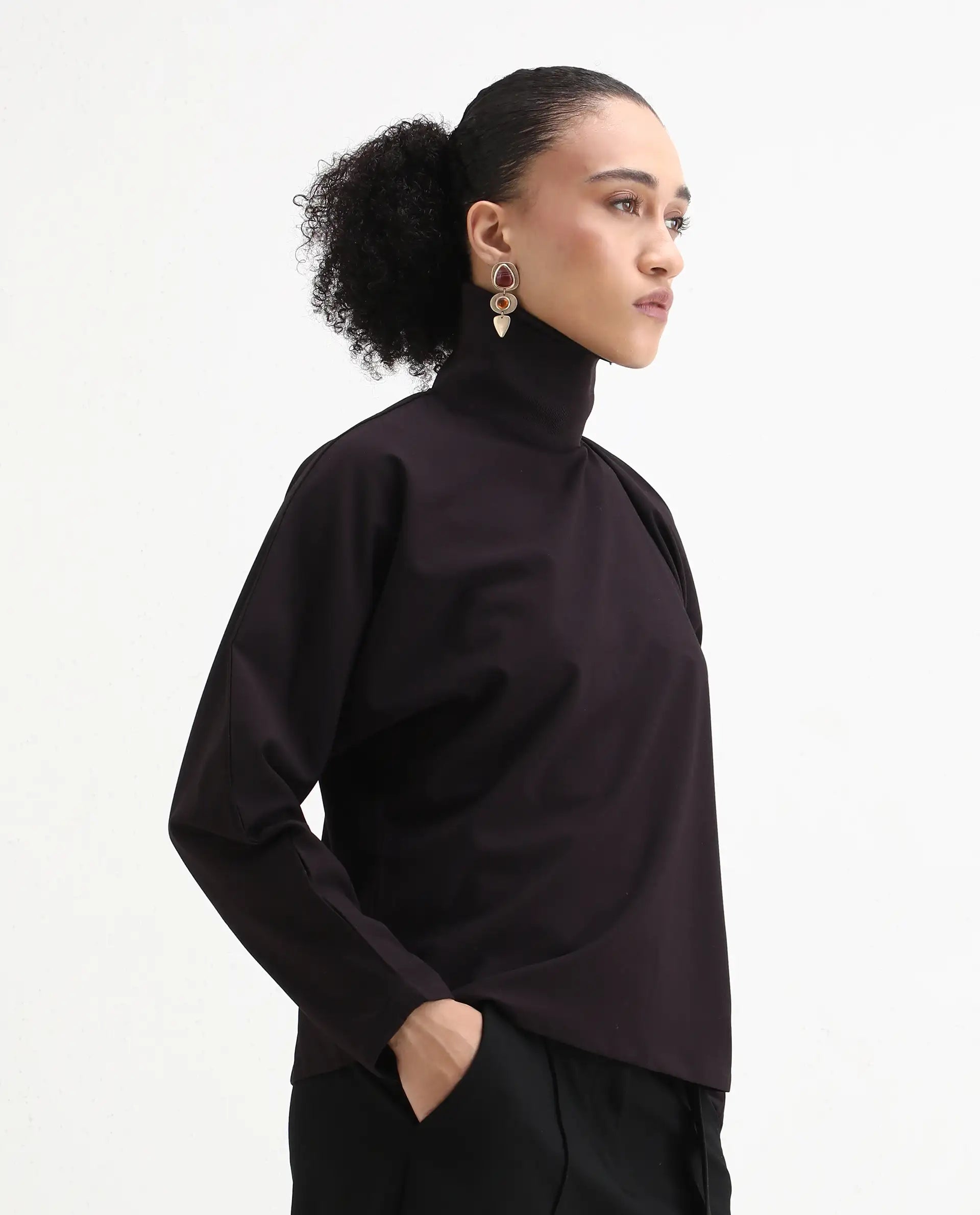 Rareism Women's Natta Rust Polyester Blend High Neck Plain Regular Fit Top