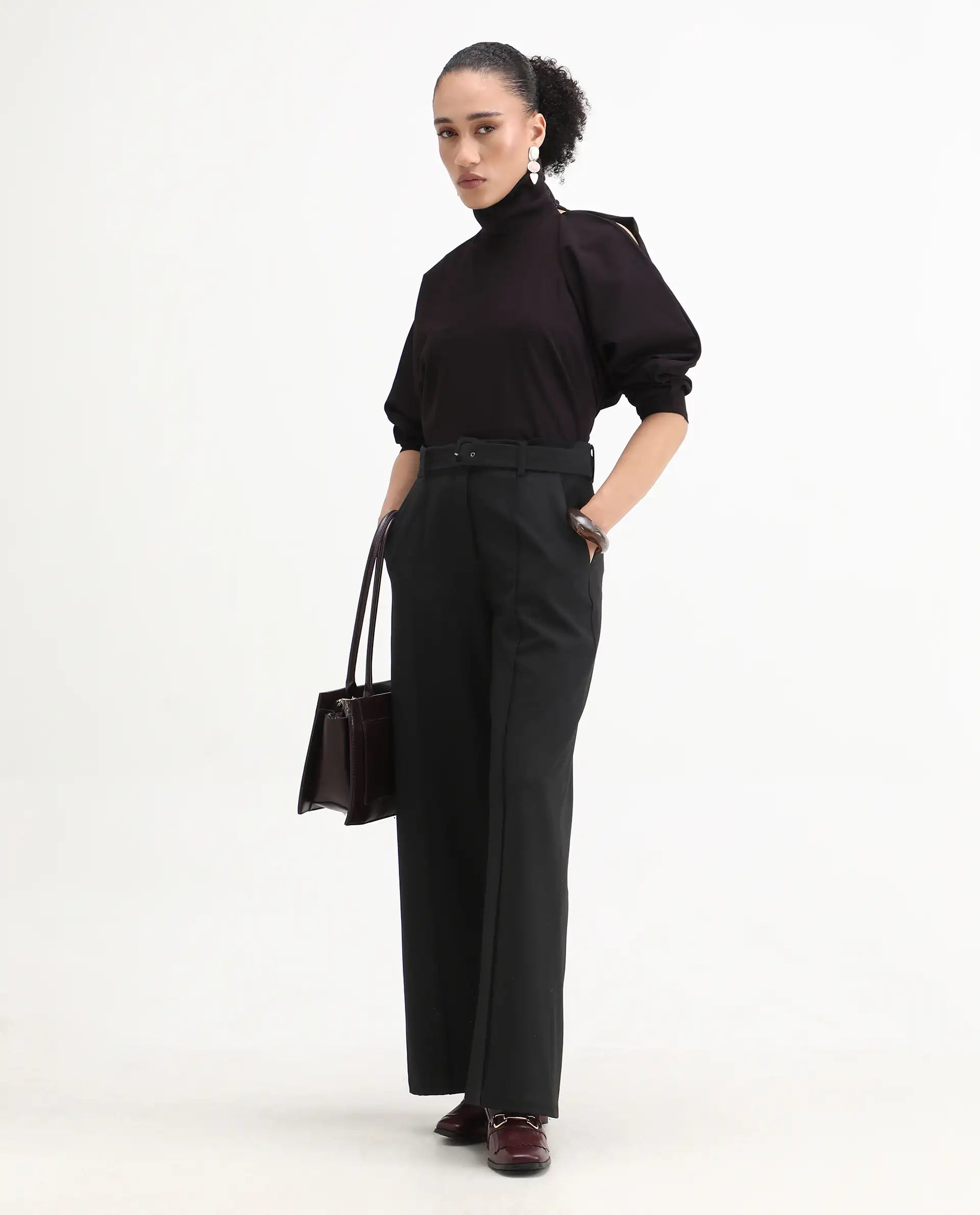 Rareism Women's Natta Rust Polyester Blend High Neck Plain Regular Fit Top