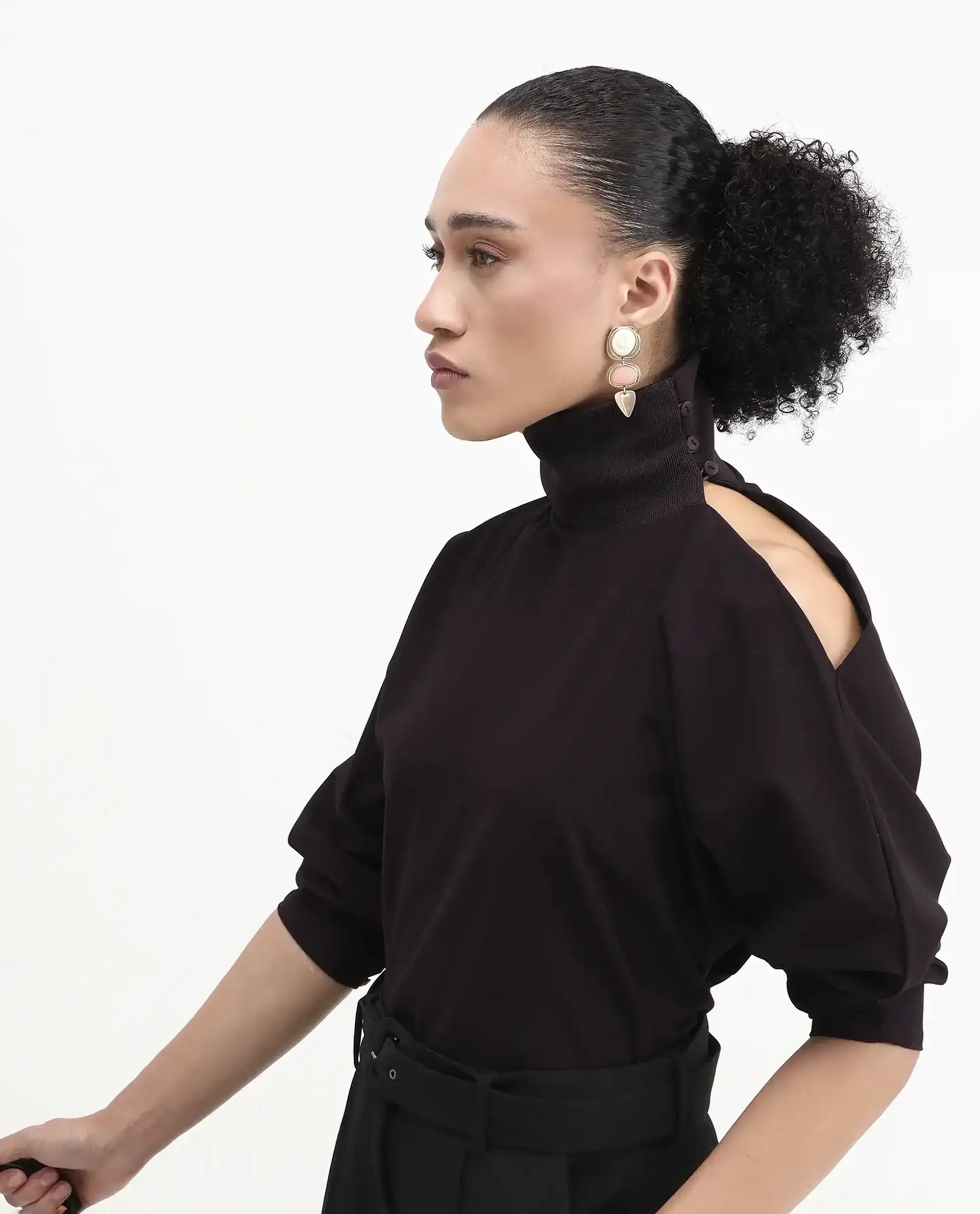 Rareism Women's Natta Rust Polyester Blend High Neck Plain Regular Fit Top