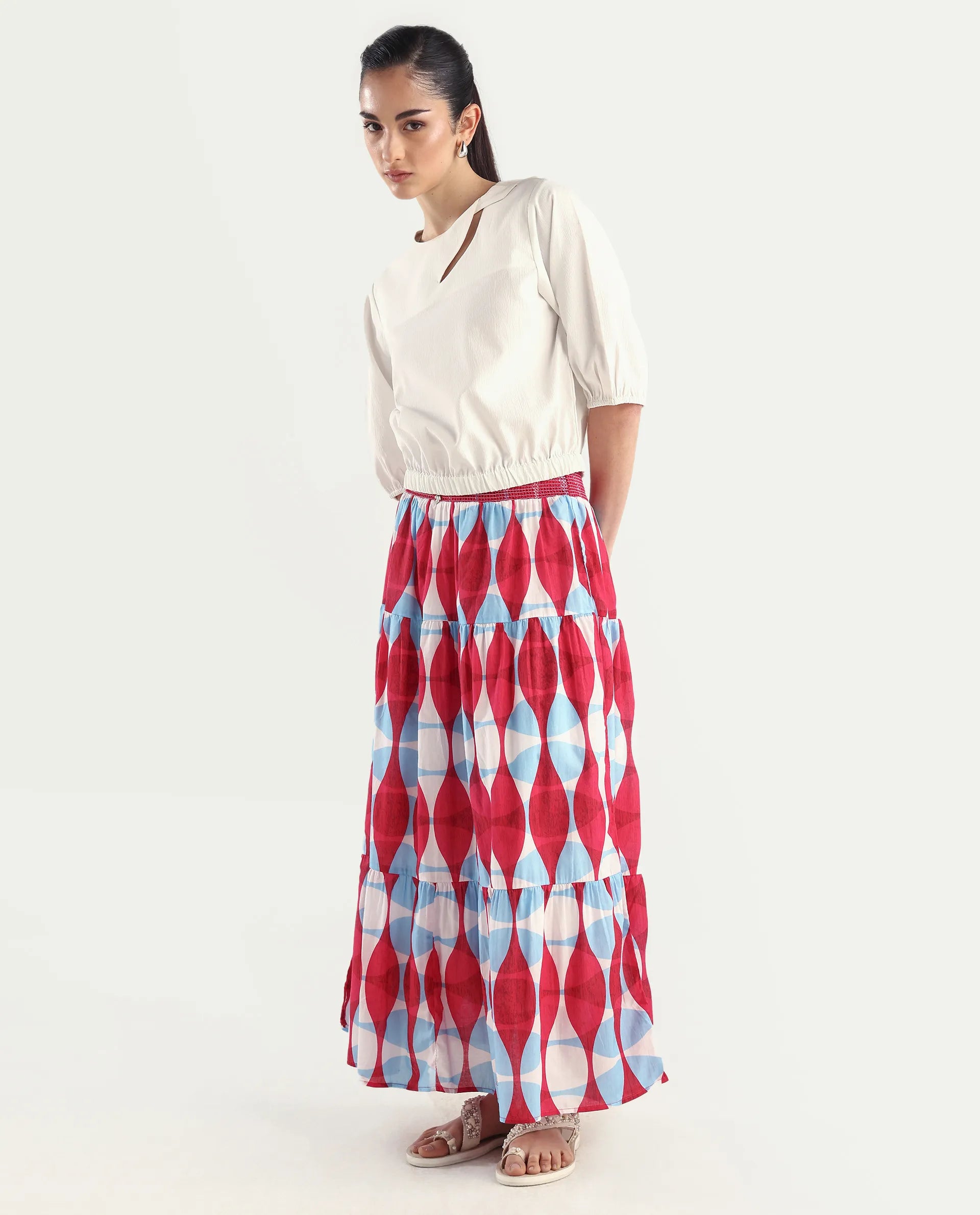 Rareism Women's Naybert Multi Cotton Geometric Print Ankle Length Flared Skirt