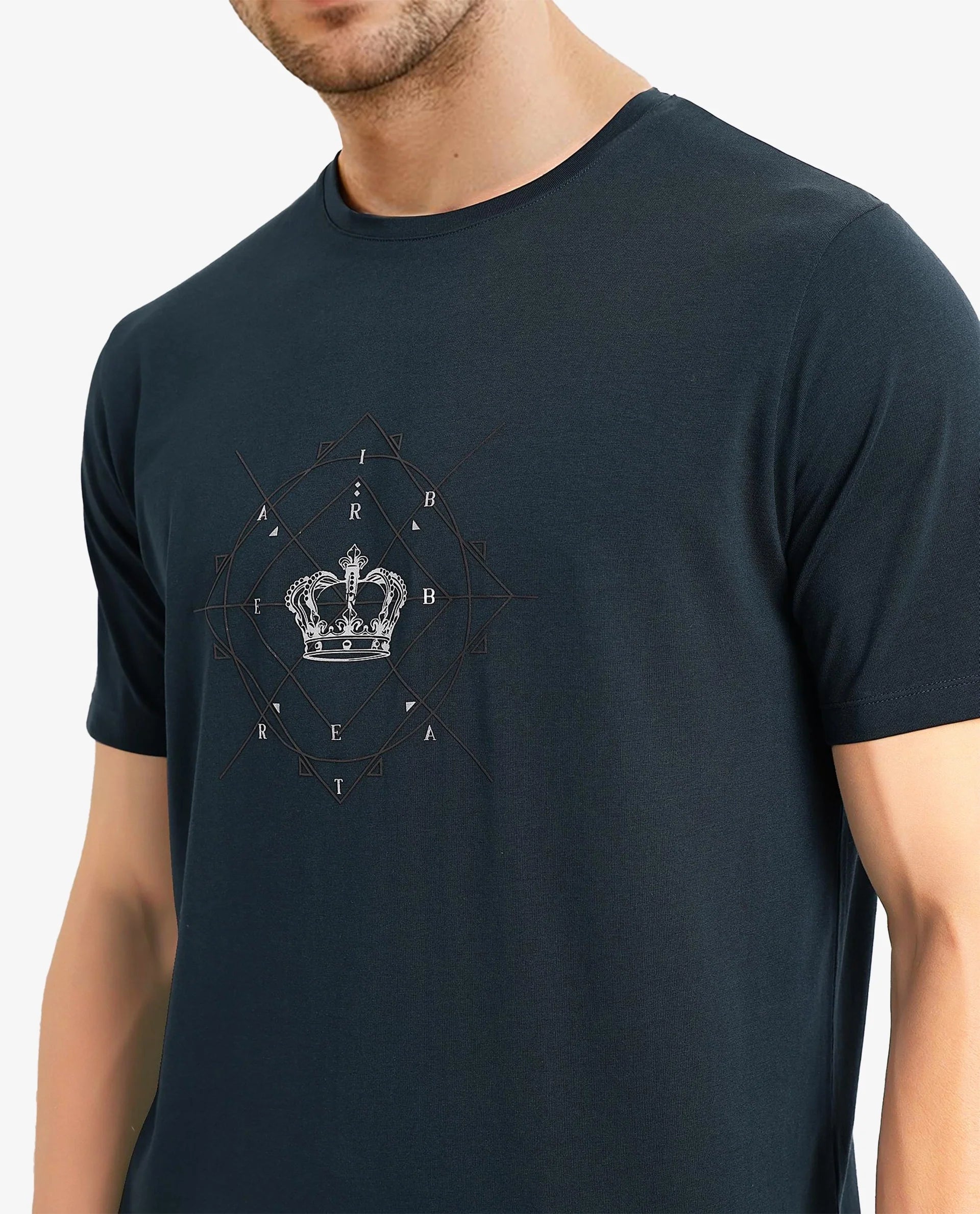 Rare Rabbit Men Naz Dark Green Cotton Lycra Fabric Short Sleeve Crew Neck Regular Fit Graphic Print T-Shirt