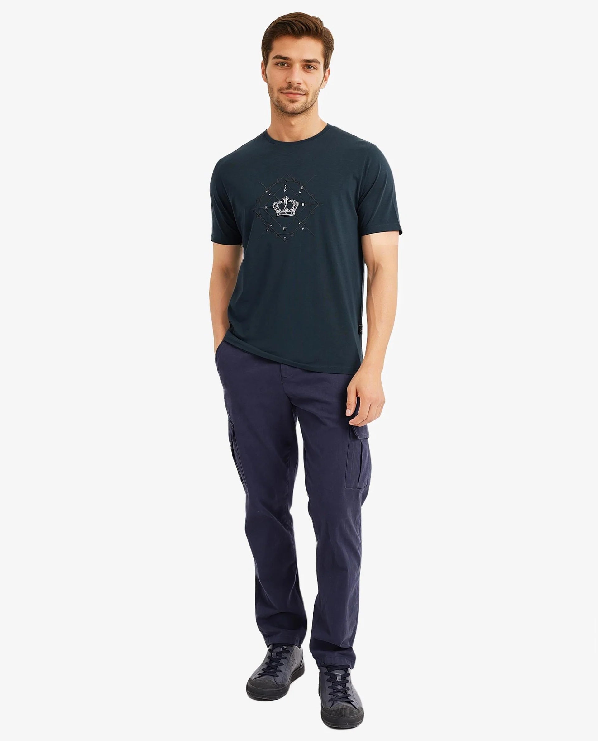 Rare Rabbit Men Naz Dark Green Cotton Lycra Fabric Short Sleeve Crew Neck Regular Fit Graphic Print T-Shirt