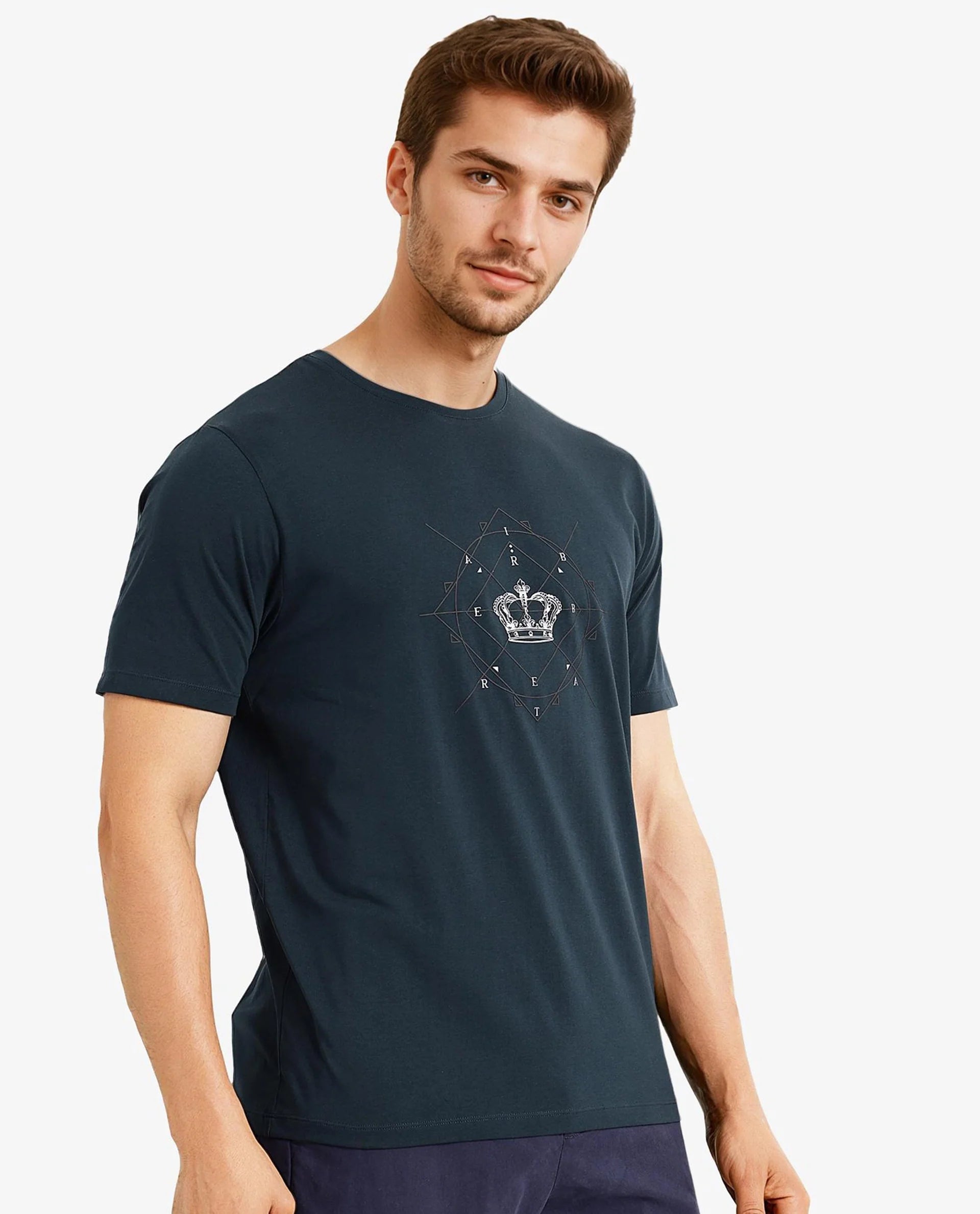 Rare Rabbit Men Naz Dark Green Cotton Lycra Fabric Short Sleeve Crew Neck Regular Fit Graphic Print T-Shirt