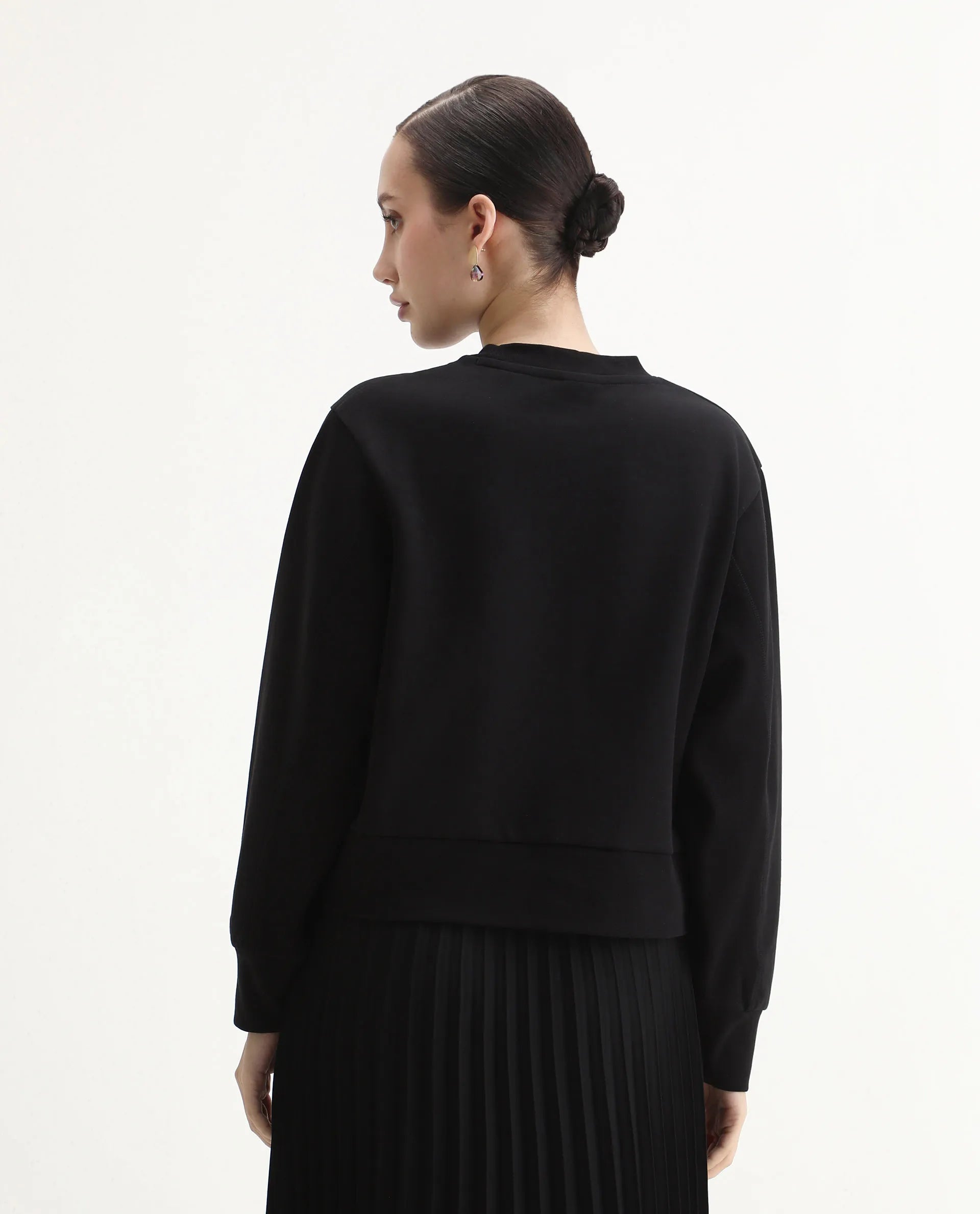 Rareism Women's Naz Black Cotton Blend Fabric Crew Neck Relaxed Fit Printed Sweatshirt